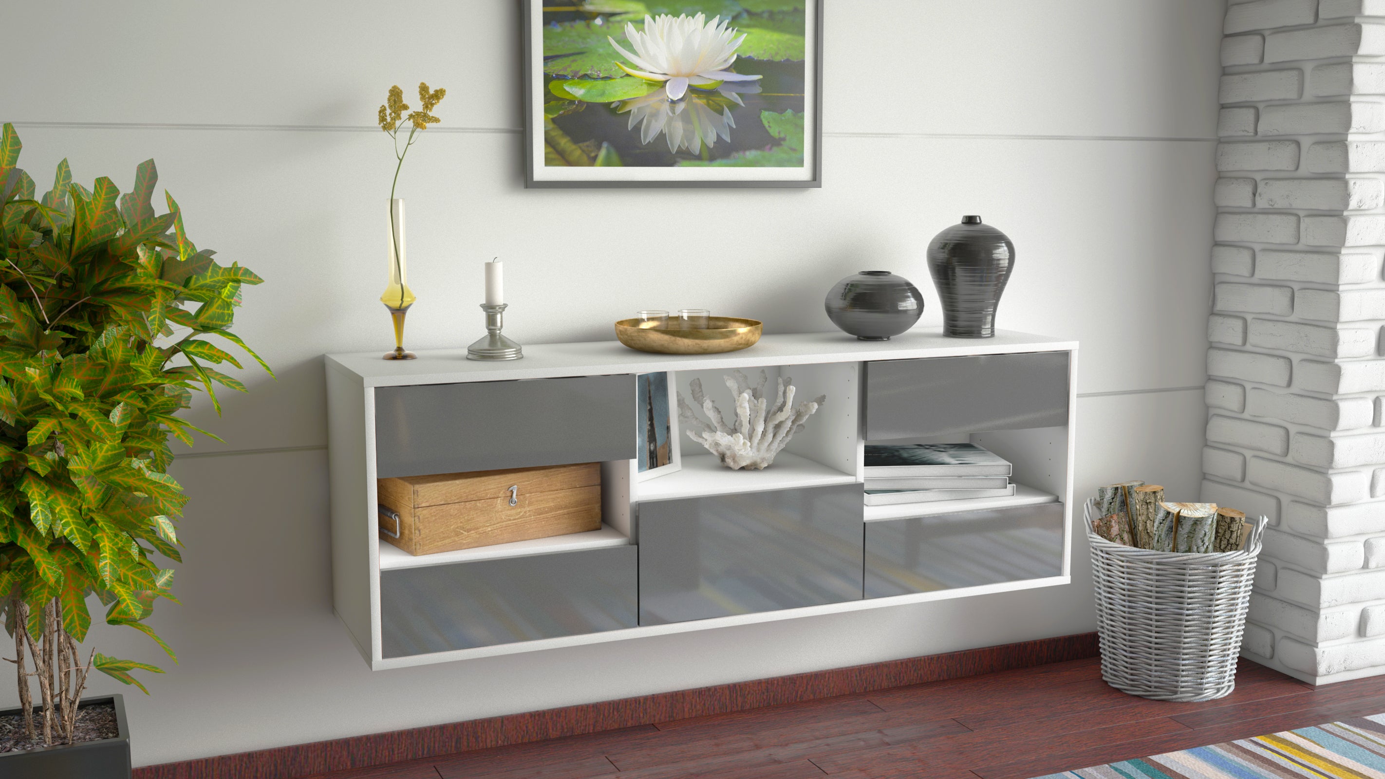 Lowboard - Antonella - Design Hochglanz - Wandmontage mit Push to Open 136 cm Weiss