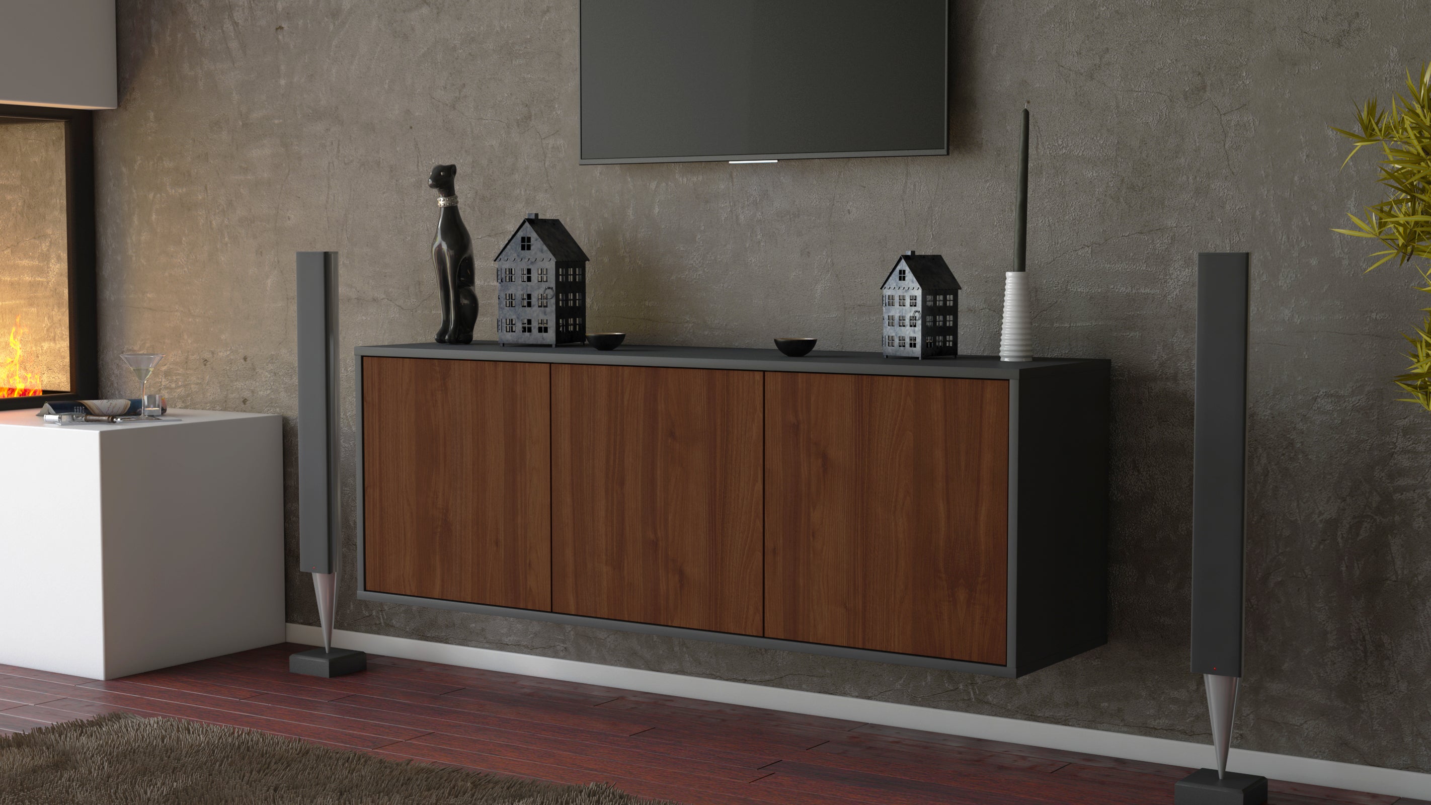 Lowboard - Allegra - Design Holzdekor - Wandmontage mit Push to Open 136 cm Anthrazit