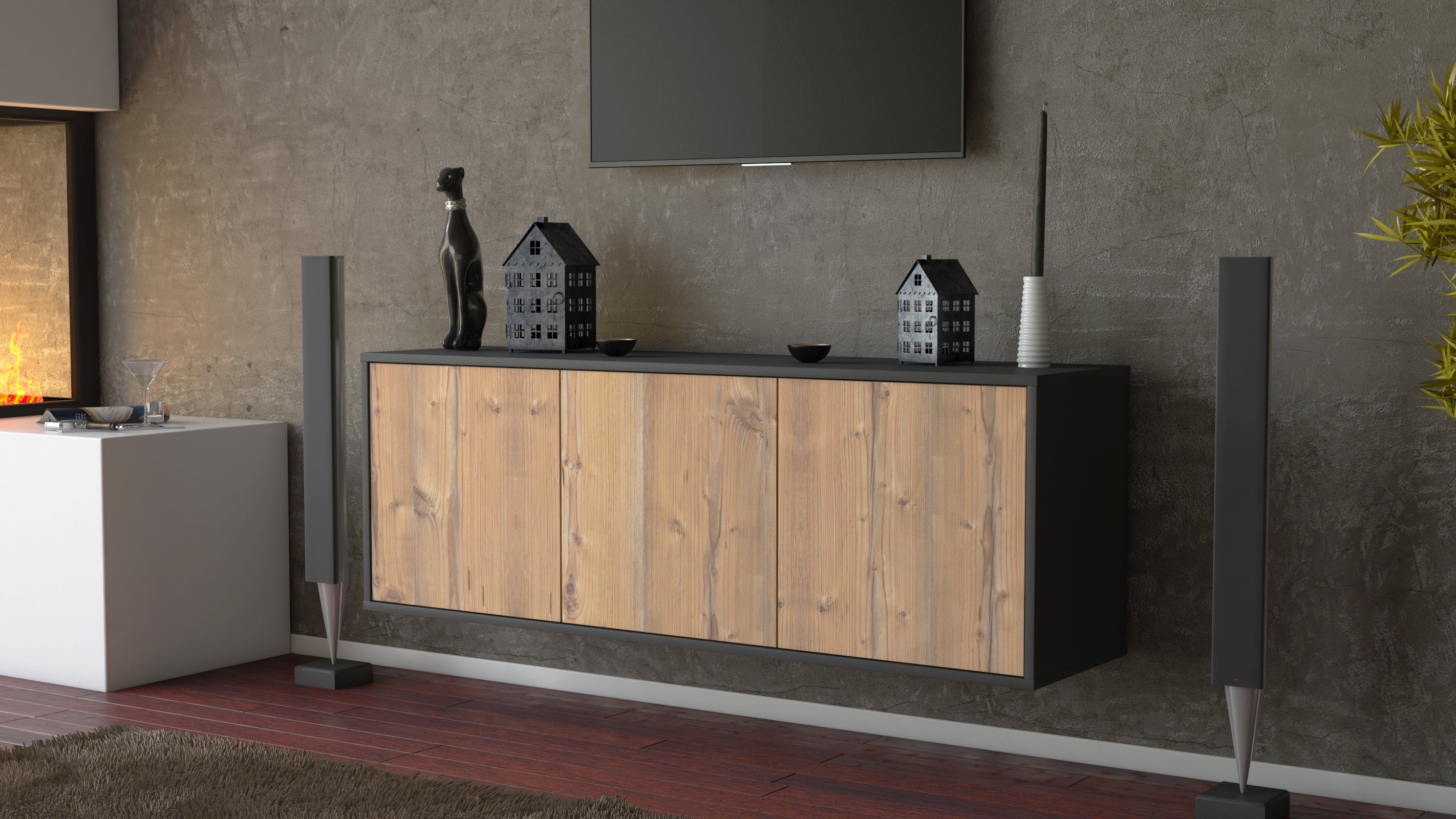 Lowboard - Allegra - Design Holzdekor - Wandmontage mit Push to Open 136 cm Anthrazit