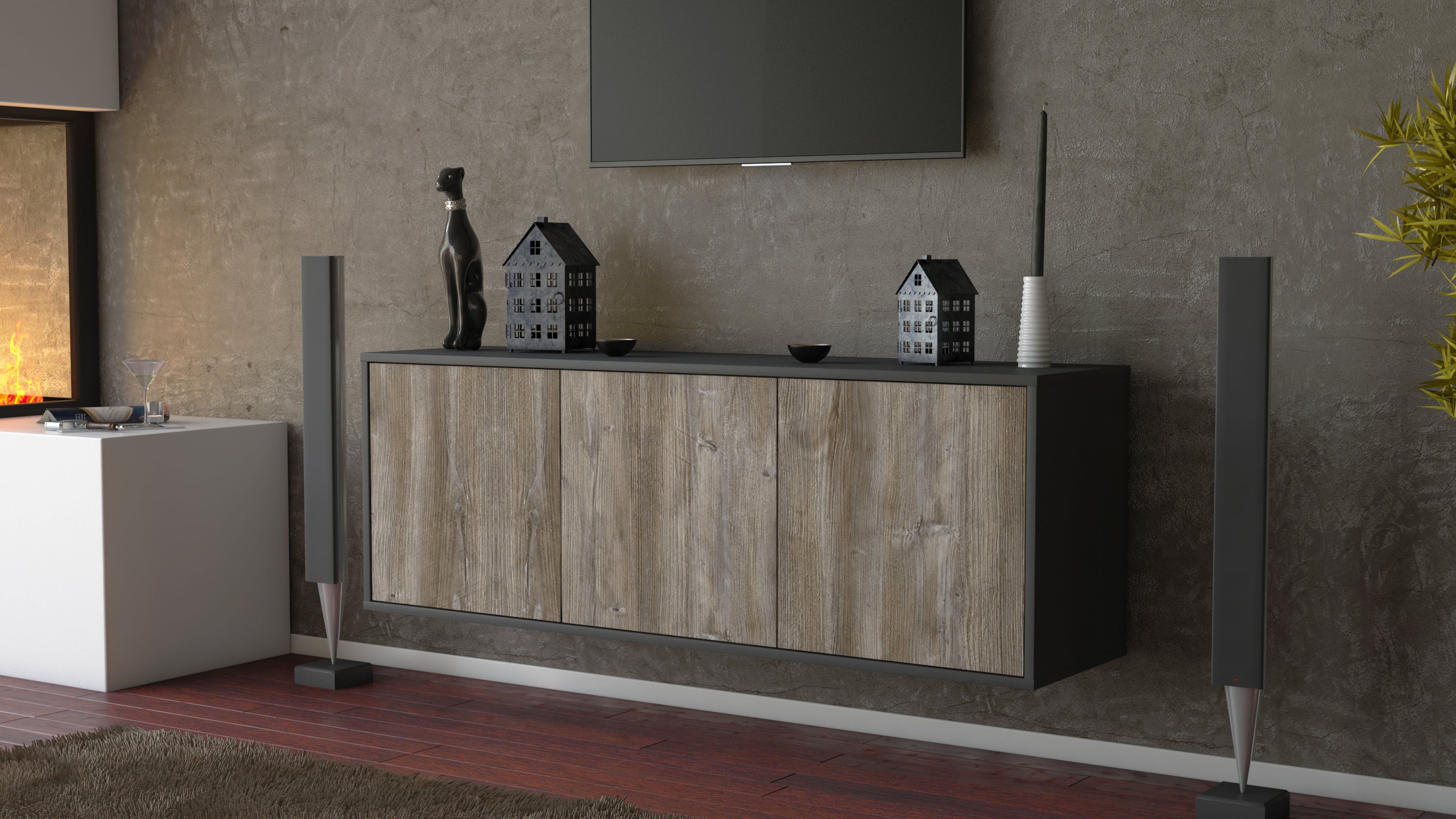 Lowboard - Allegra - Design Holzdekor - Wandmontage mit Push to Open 136 cm Anthrazit