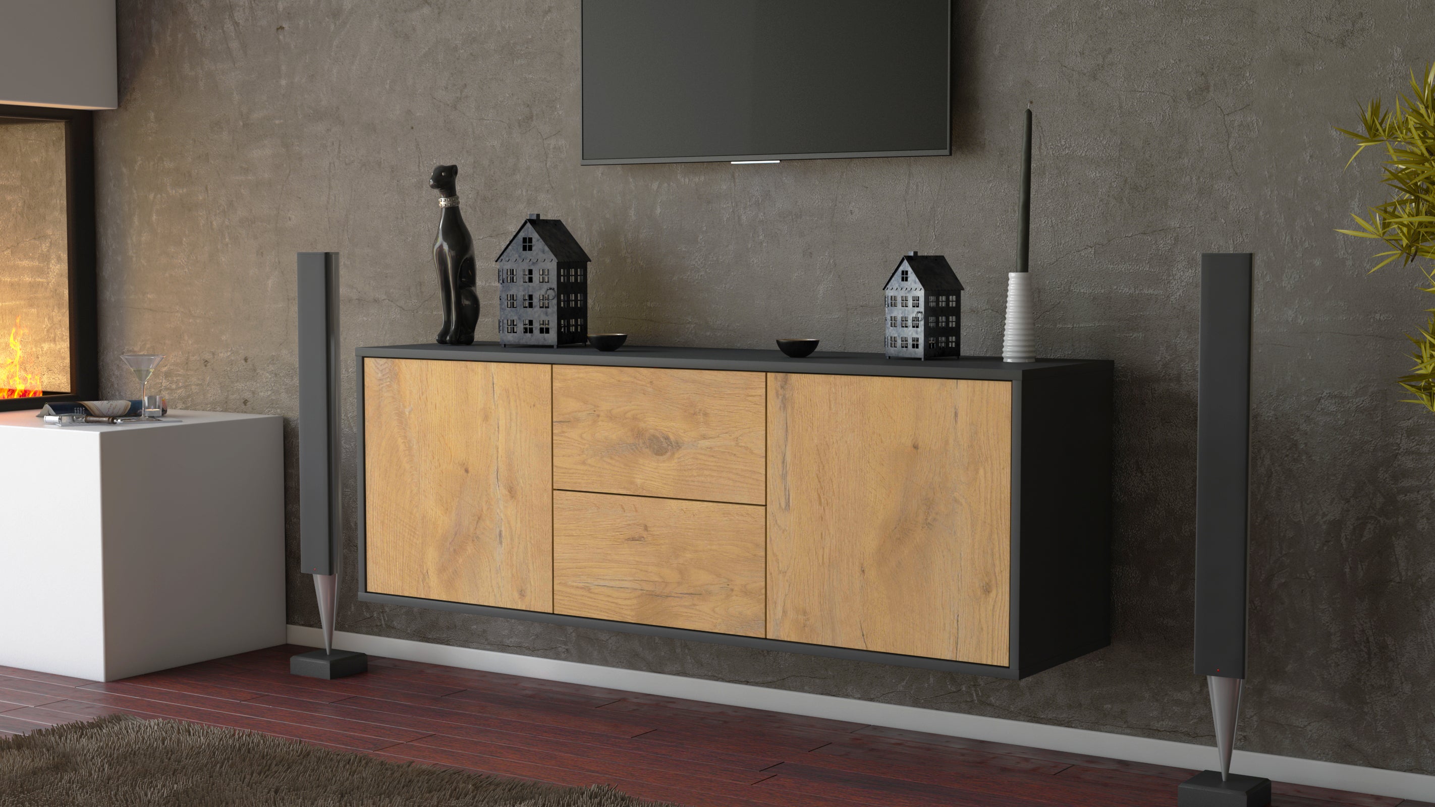 Lowboard - Alma - Design Holzdekor - Wandmontage mit Push to Open 136 cm Anthrazit