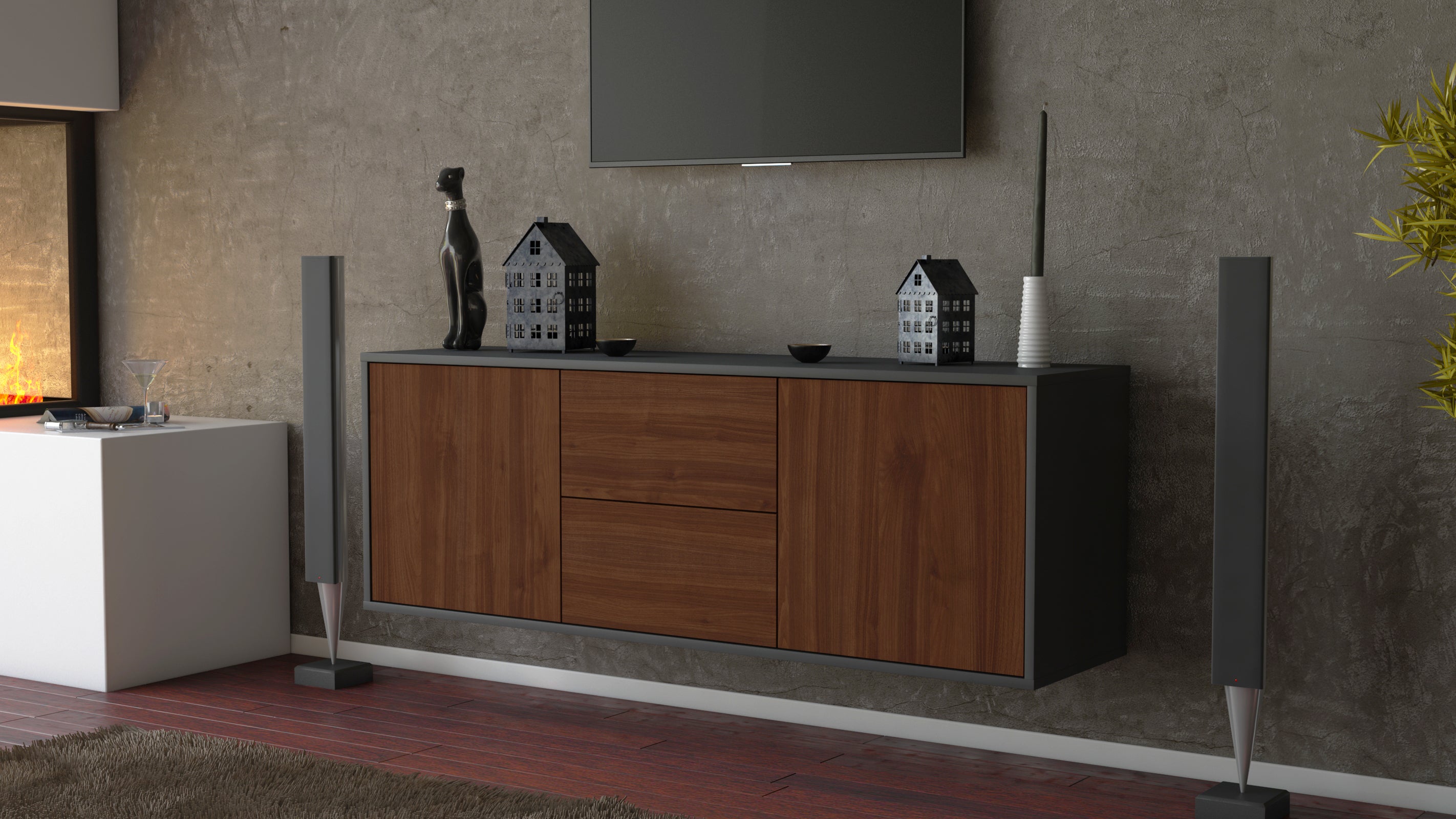 Lowboard - Alma - Design Holzdekor - Wandmontage mit Push to Open 136 cm Anthrazit