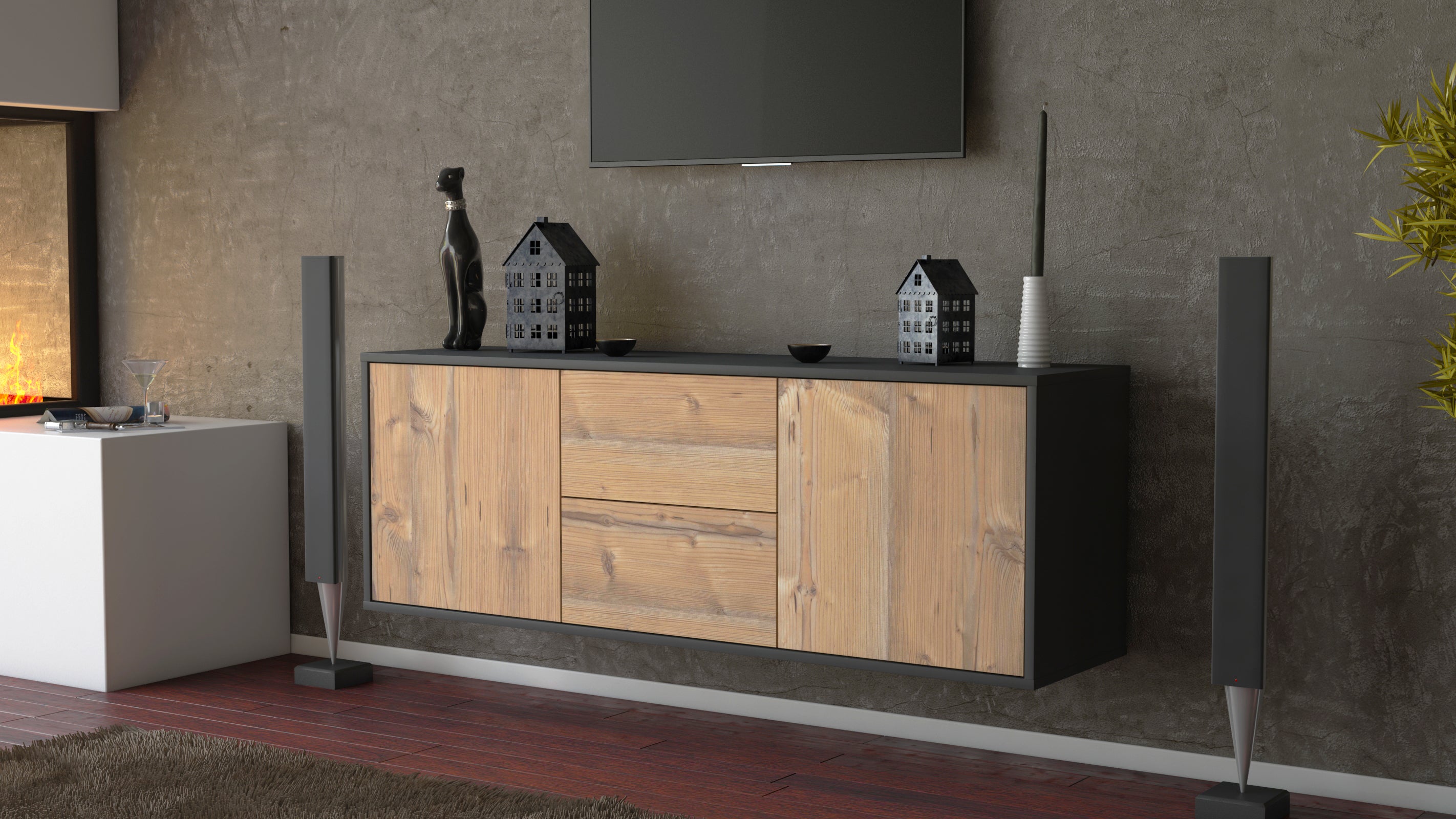 Lowboard - Alma - Design Holzdekor - Wandmontage mit Push to Open 136 cm Anthrazit