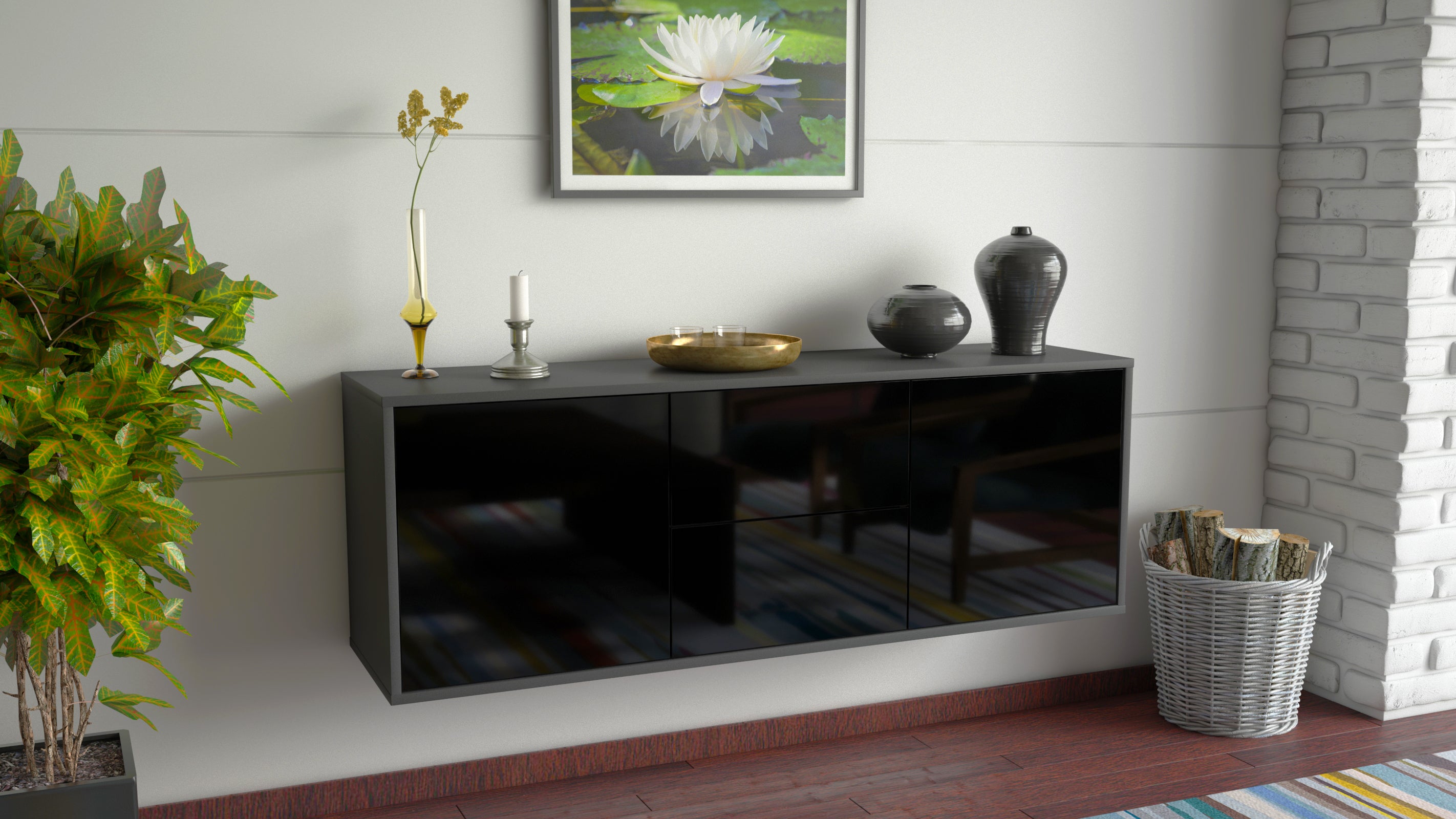 Lowboard - Alma - Design Hochglanz - Wandmontage mit Push to Open 136 cm Anthrazit