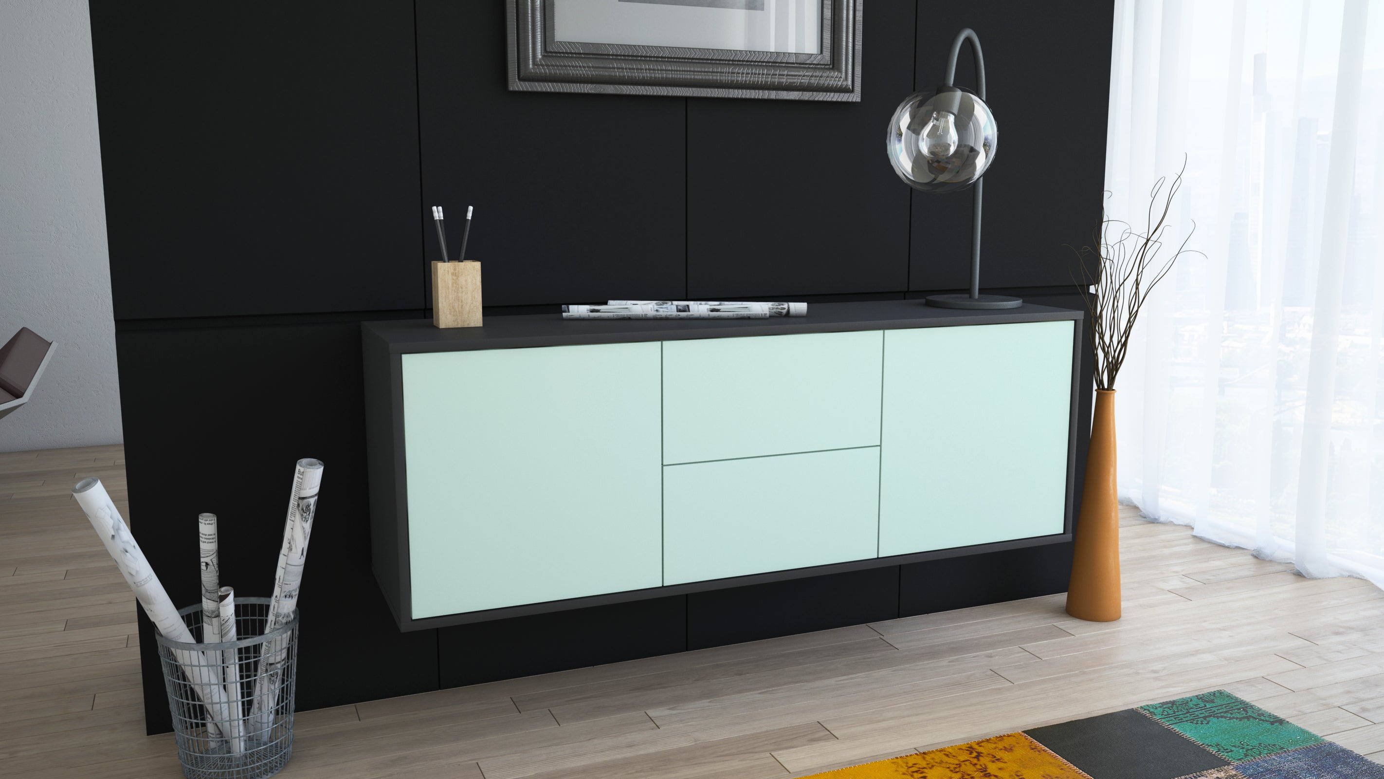 Lowboard - Alma - Design Farbakzent - Wandmontage mit Push to Open 136 cm Anthrazit
