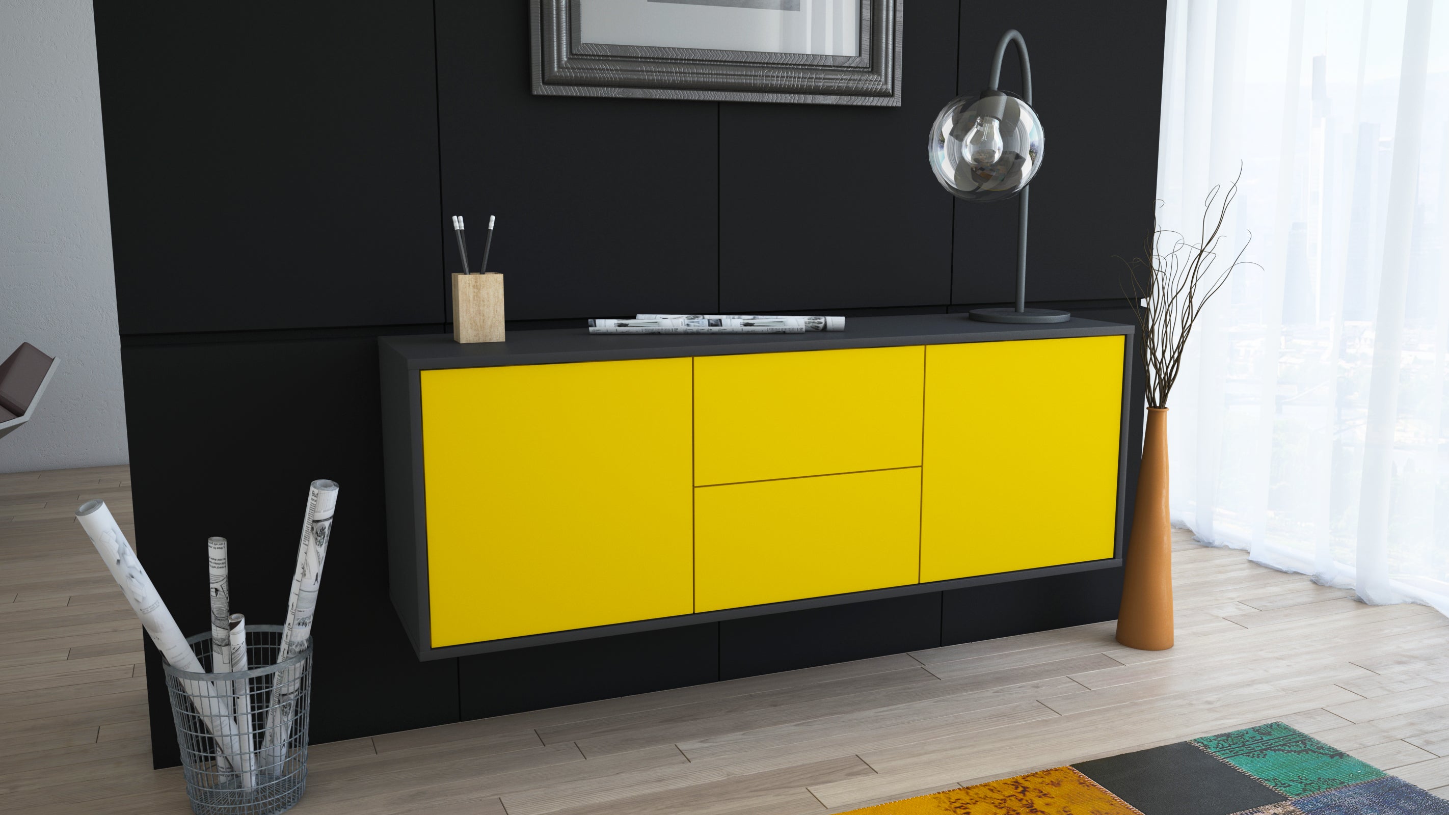 Lowboard - Alma - Design Farbakzent - Wandmontage mit Push to Open 136 cm Anthrazit
