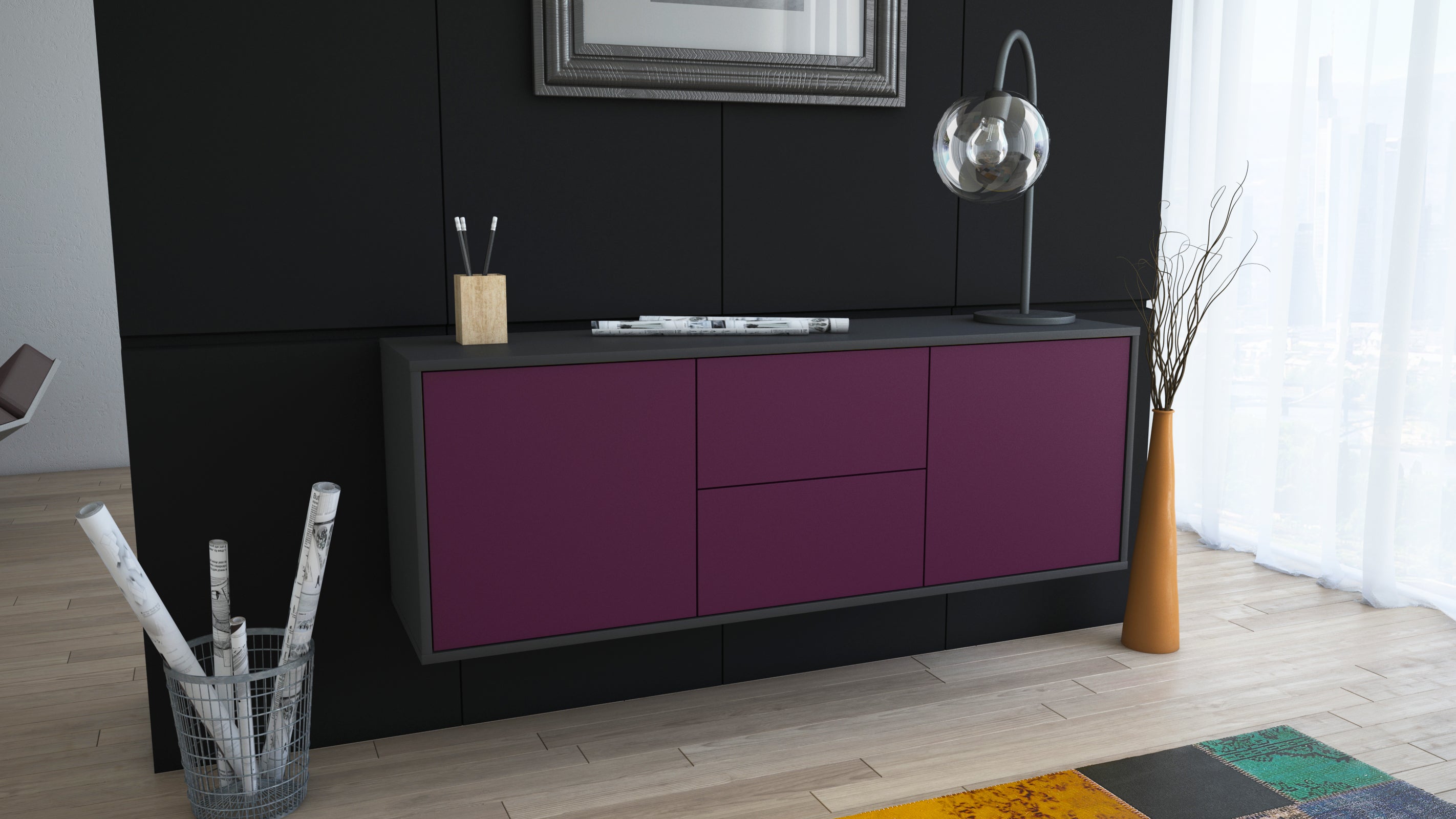Lowboard - Alma - Design Farbakzent - Wandmontage mit Push to Open 136 cm Anthrazit