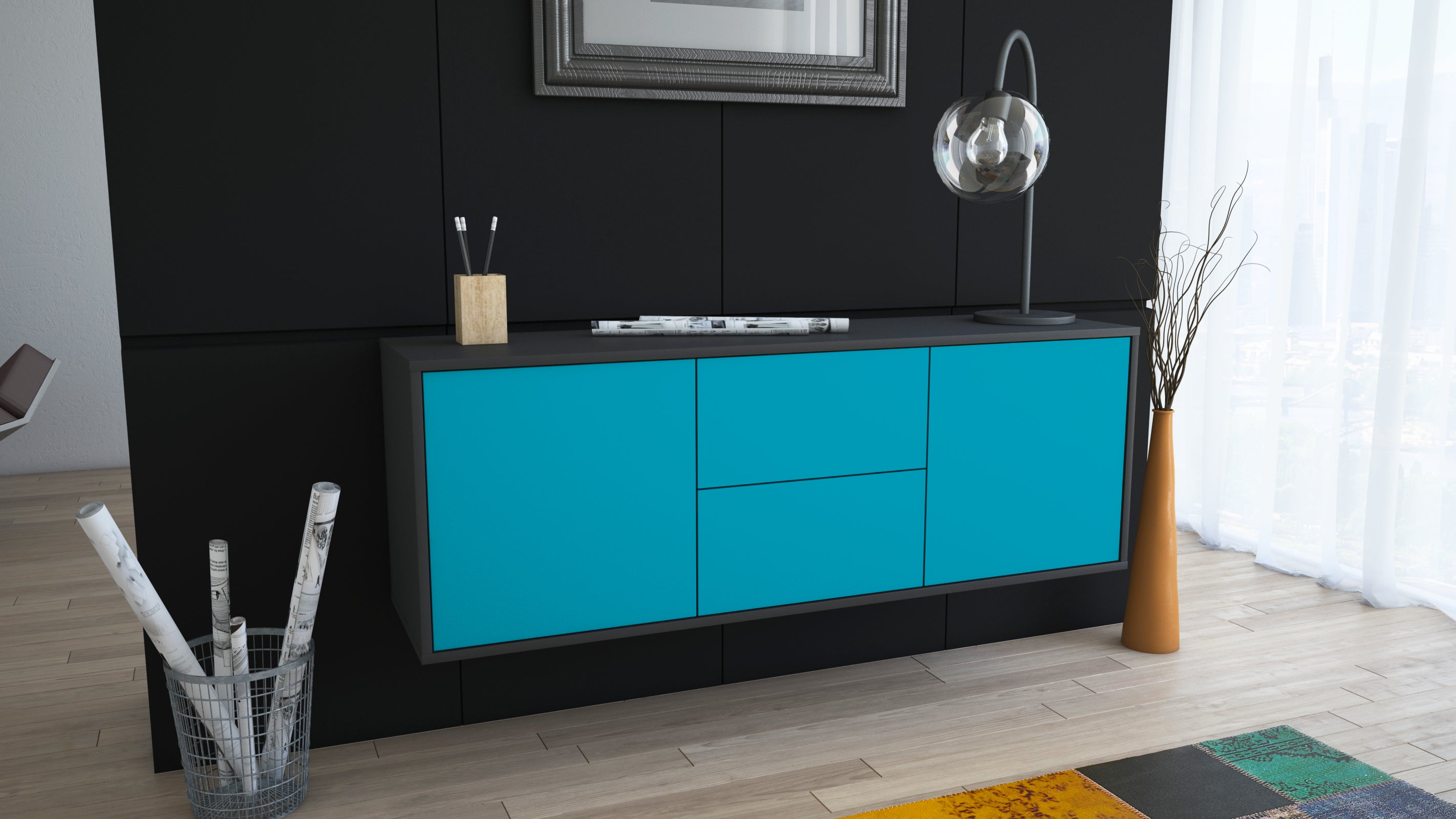 Lowboard - Alma - Design Farbakzent - Wandmontage mit Push to Open 136 cm Anthrazit