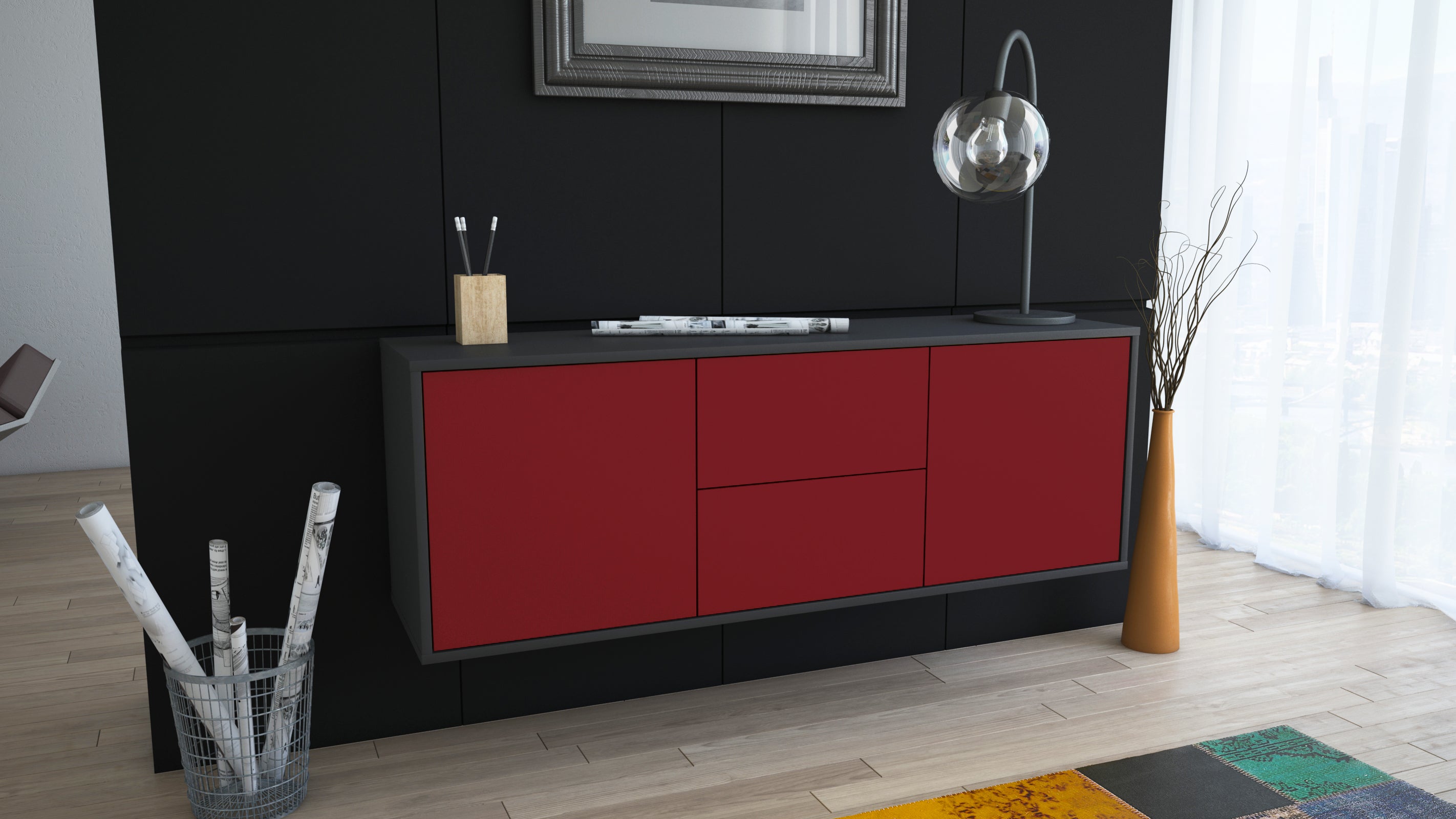 Lowboard - Alma - Design Farbakzent - Wandmontage mit Push to Open 136 cm Anthrazit