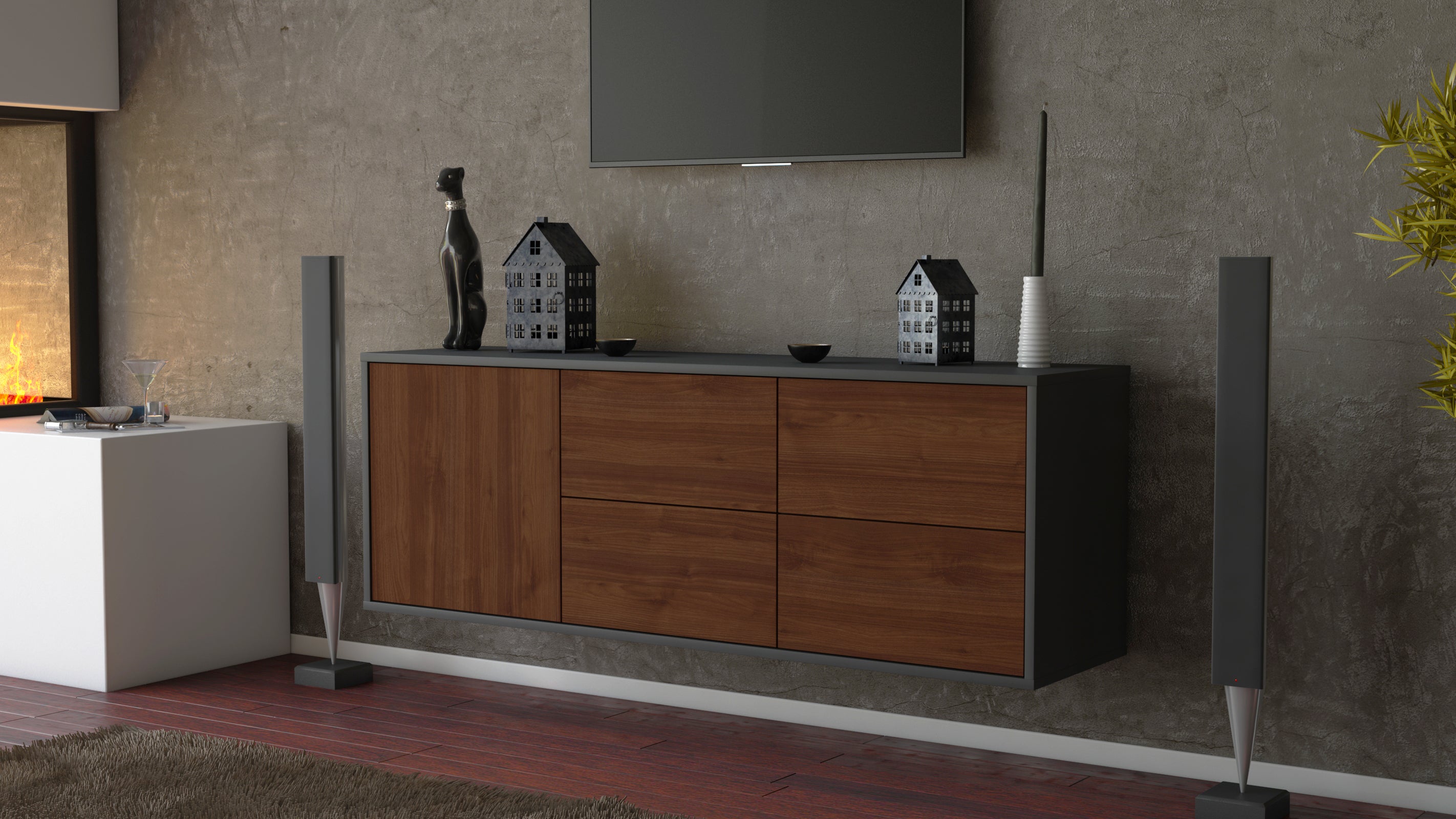 Lowboard - Aloisia - Design Holzdekor - Wandmontage mit Push to Open 136 cm Anthrazit