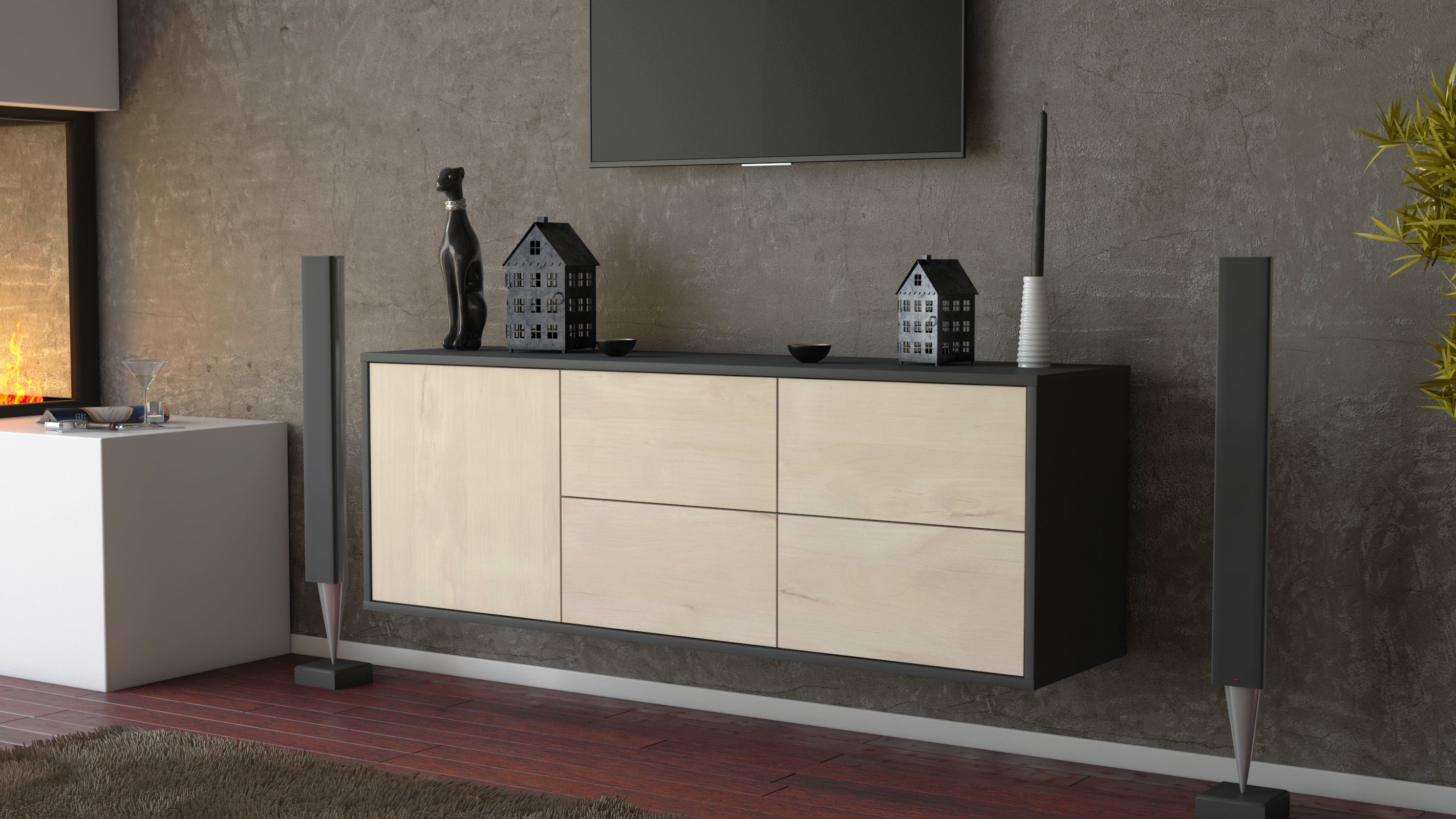 Lowboard - Aloisia - Design Holzdekor - Wandmontage mit Push to Open 136 cm Anthrazit