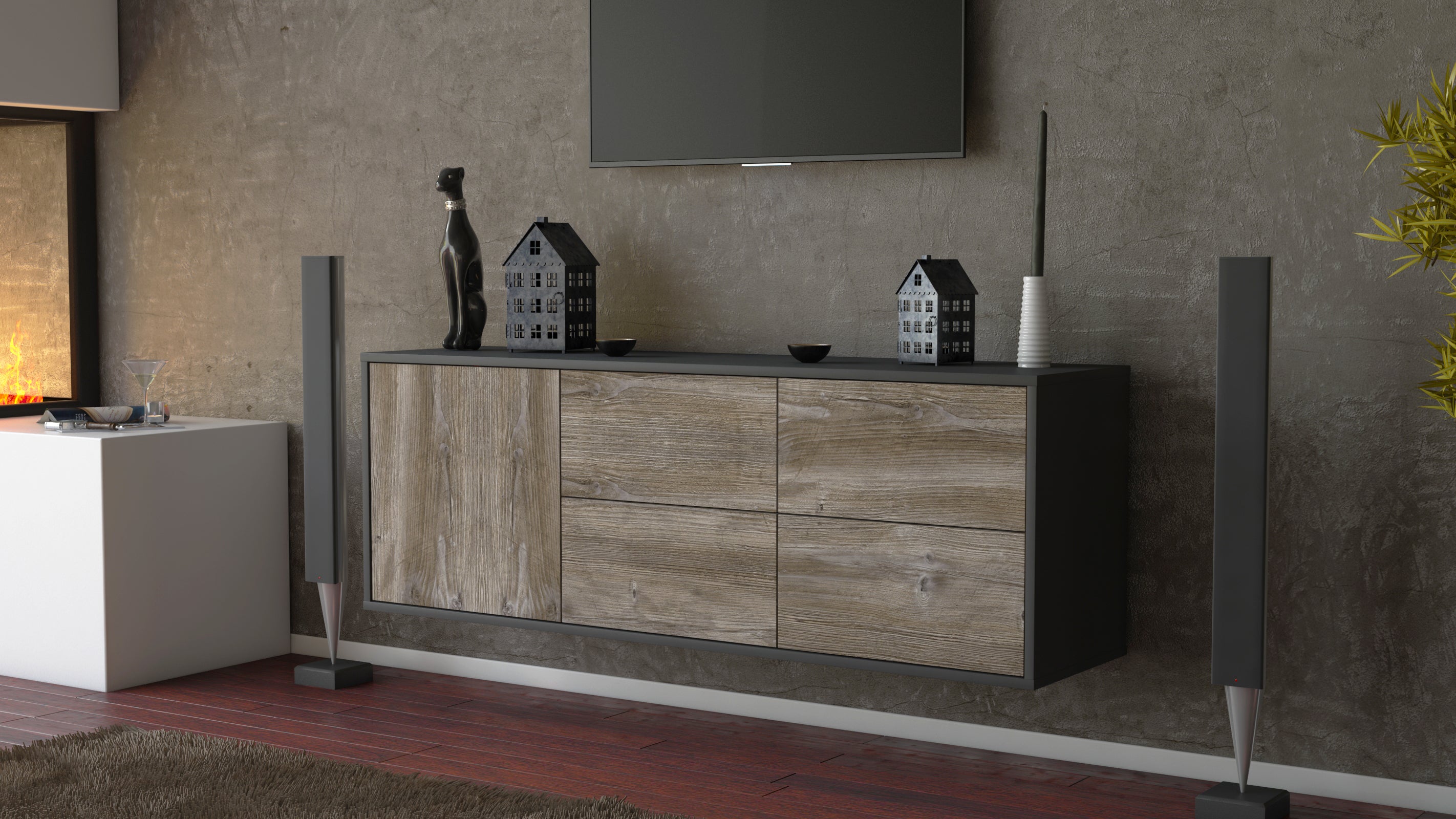 Lowboard - Aloisia - Design Holzdekor - Wandmontage mit Push to Open 136 cm Anthrazit