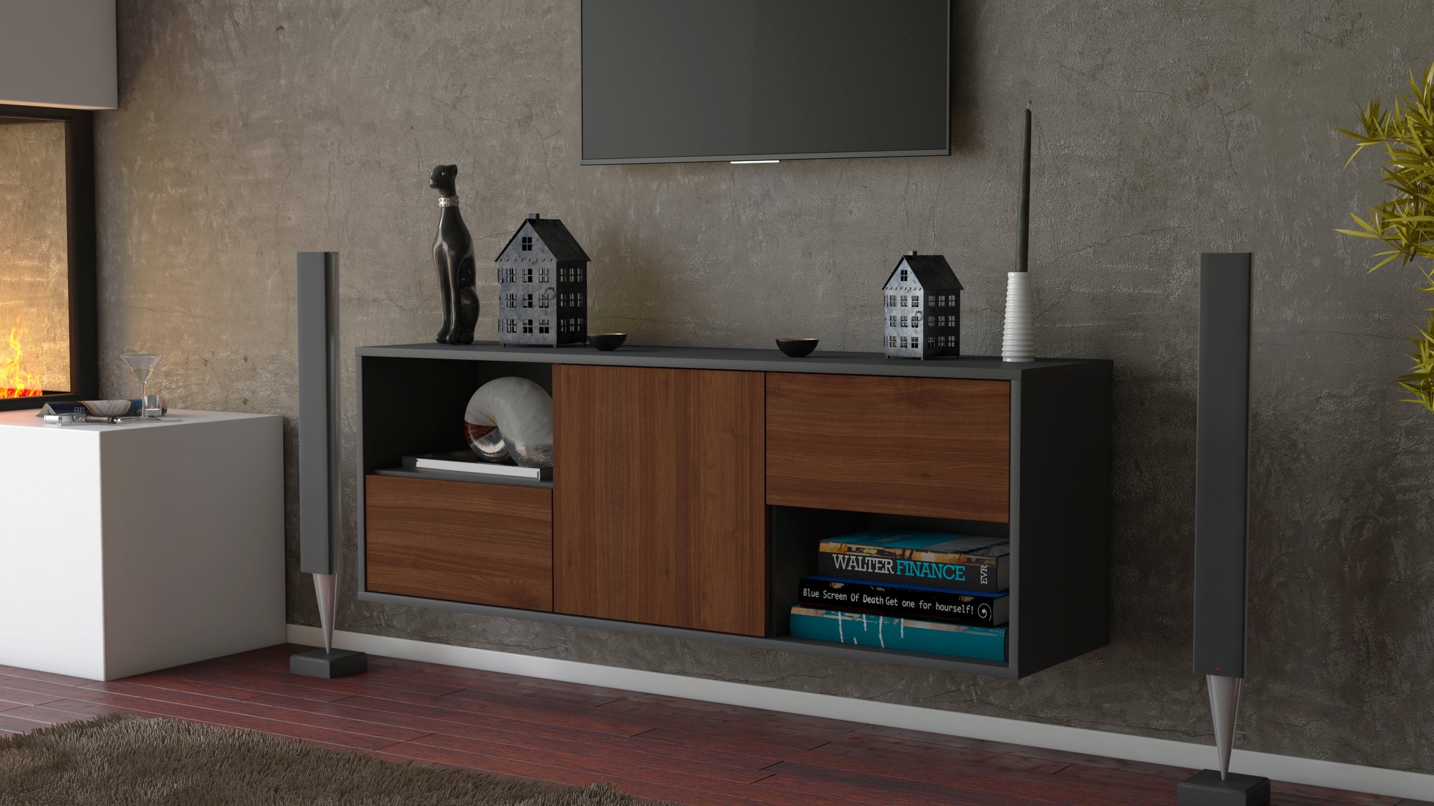 Lowboard - Ambra - Design Holzdekor - Wandmontage mit Push to Open 136 cm Anthrazit
