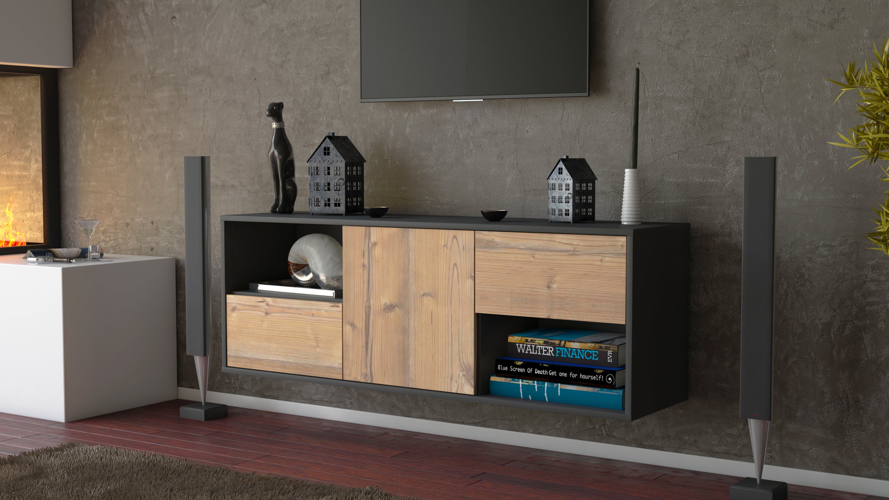 Lowboard - Ambra - Design Holzdekor - Wandmontage mit Push to Open 136 cm Anthrazit