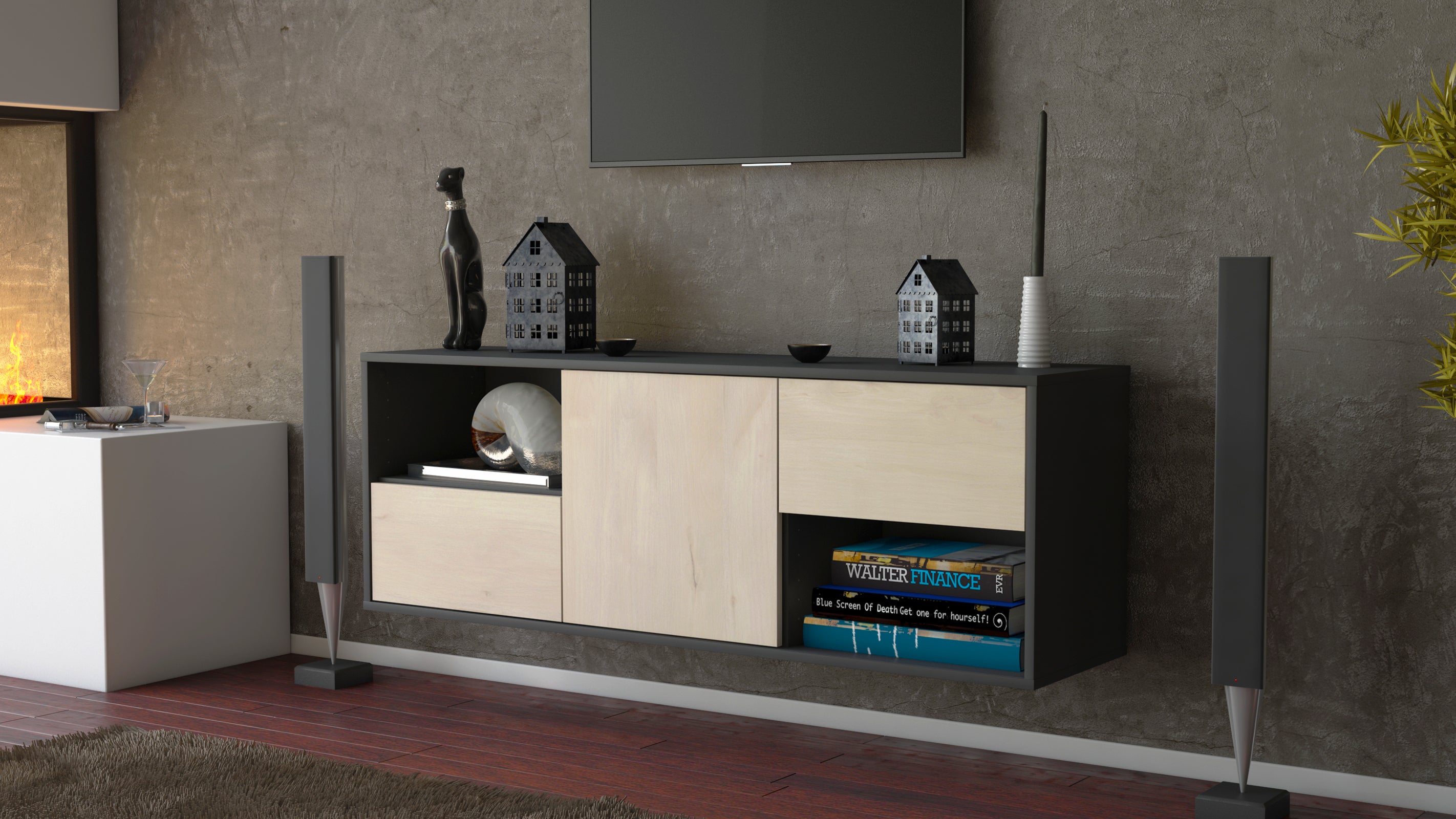 Lowboard - Ambra - Design Holzdekor - Wandmontage mit Push to Open 136 cm Anthrazit