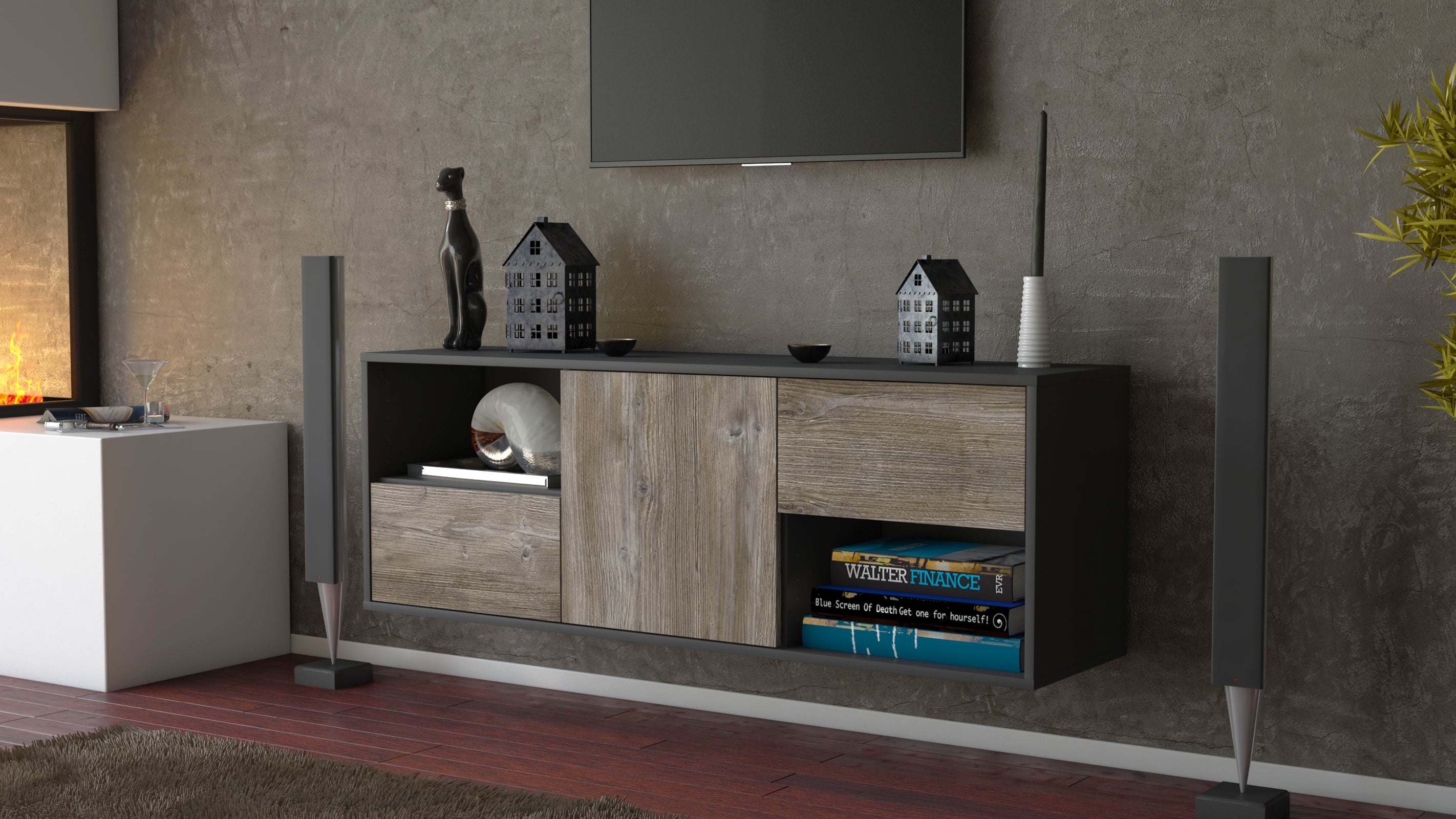 Lowboard - Ambra - Design Holzdekor - Wandmontage mit Push to Open 136 cm Anthrazit