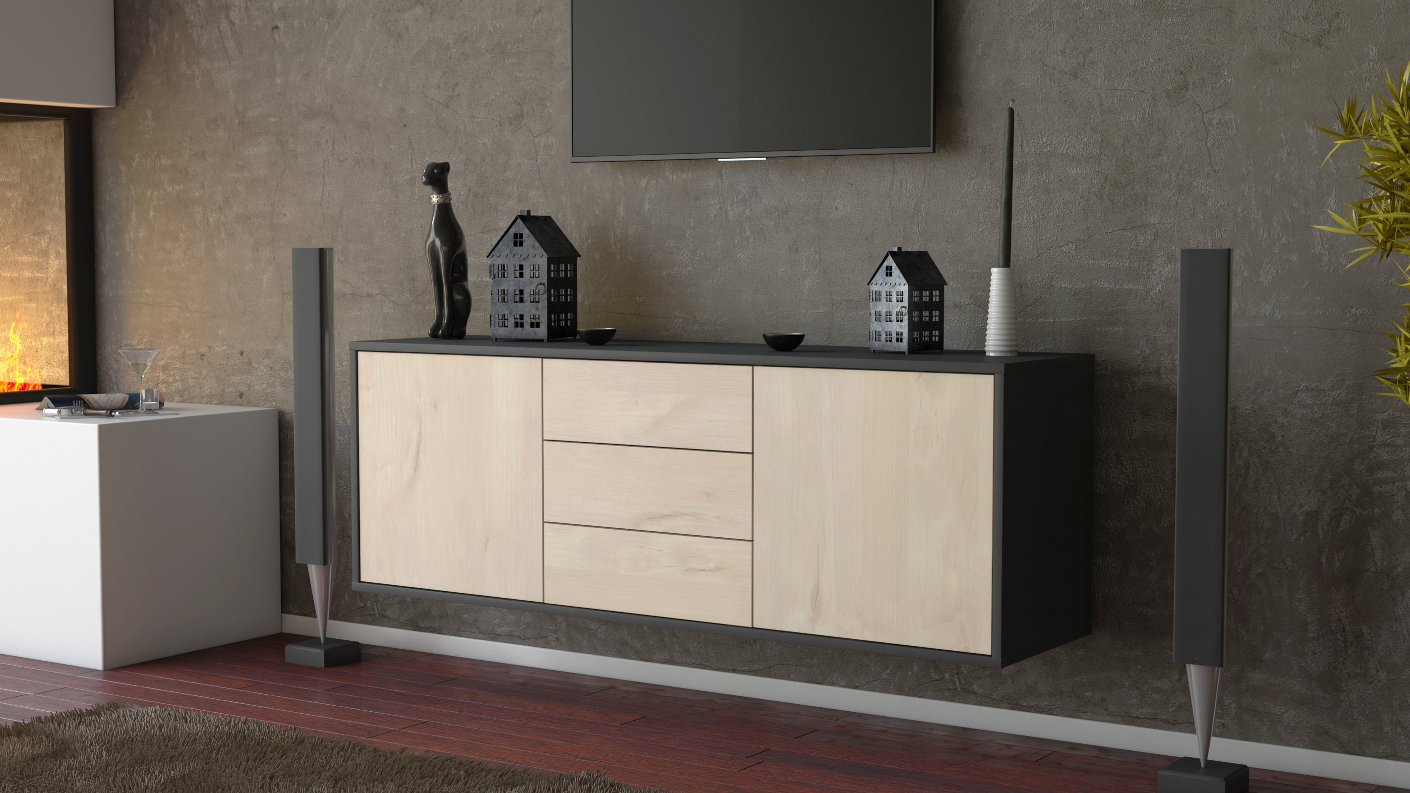 Lowboard - Ameline - Design Holzdekor - Wandmontage mit Push to Open 136 cm Anthrazit