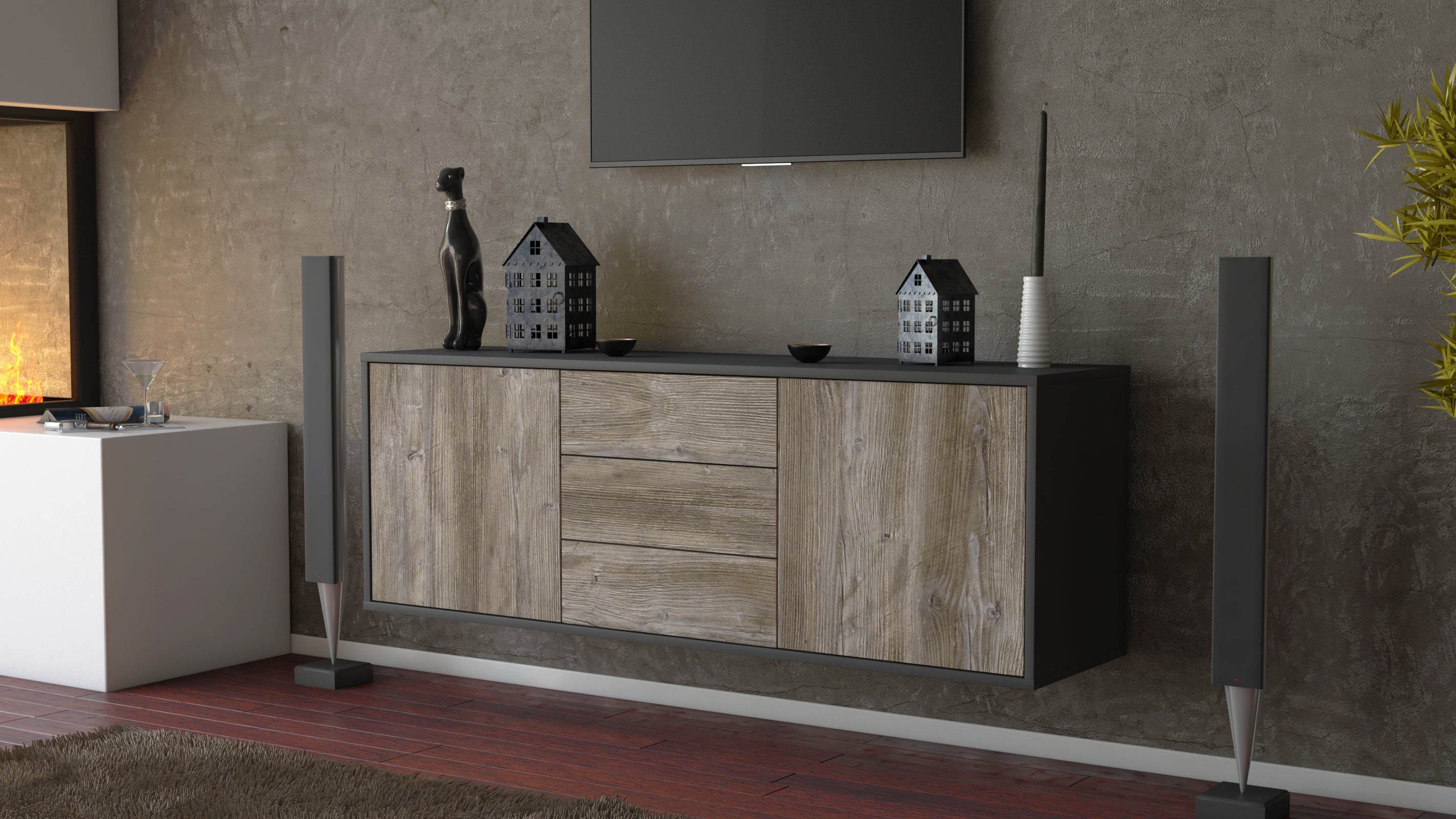 Lowboard - Ameline - Design Holzdekor - Wandmontage mit Push to Open 136 cm Anthrazit