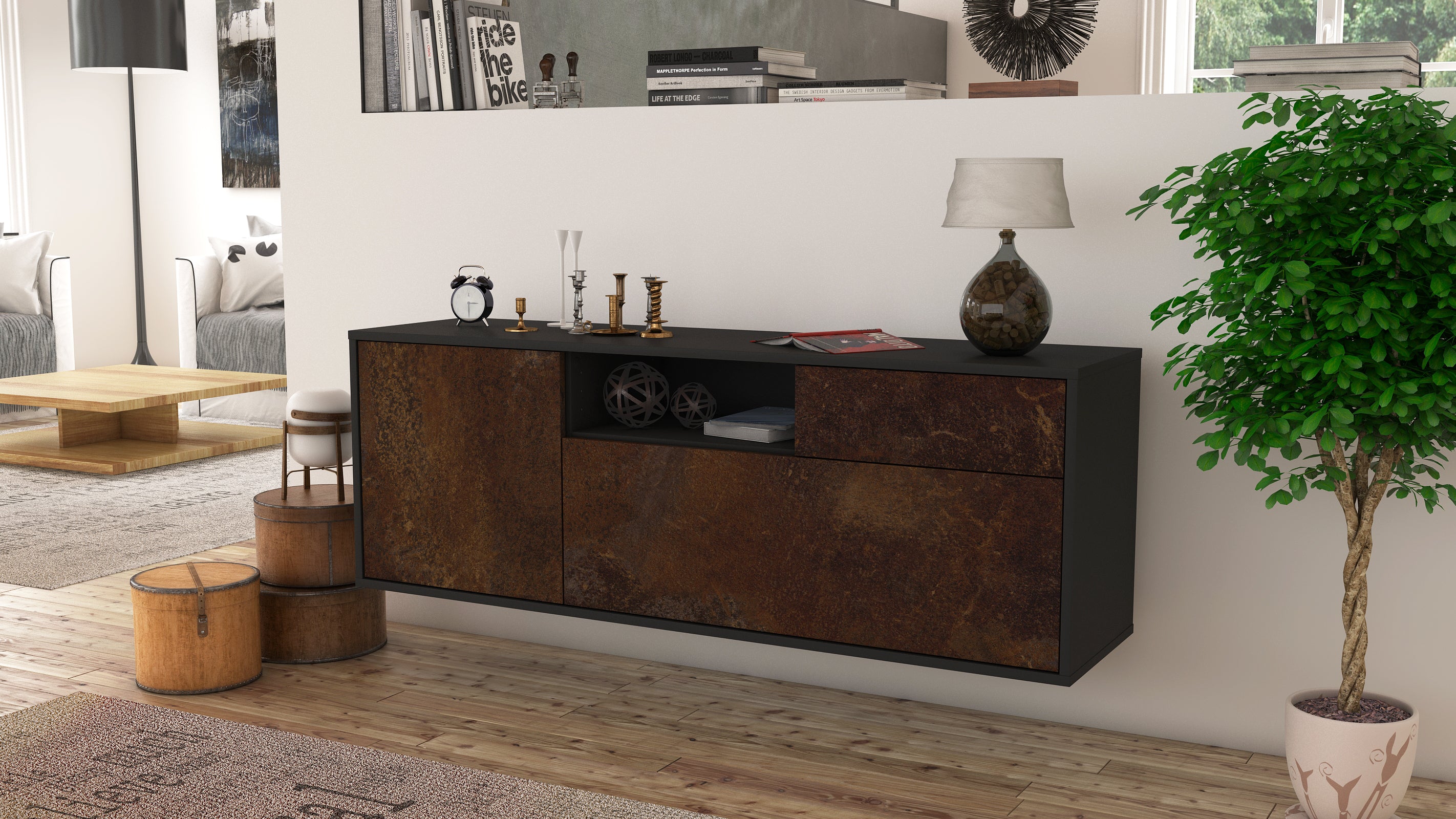 Lowboard - Amila - Design Industrie Stil - Wandmontage mit Push to Open 136 cm Anthrazit
