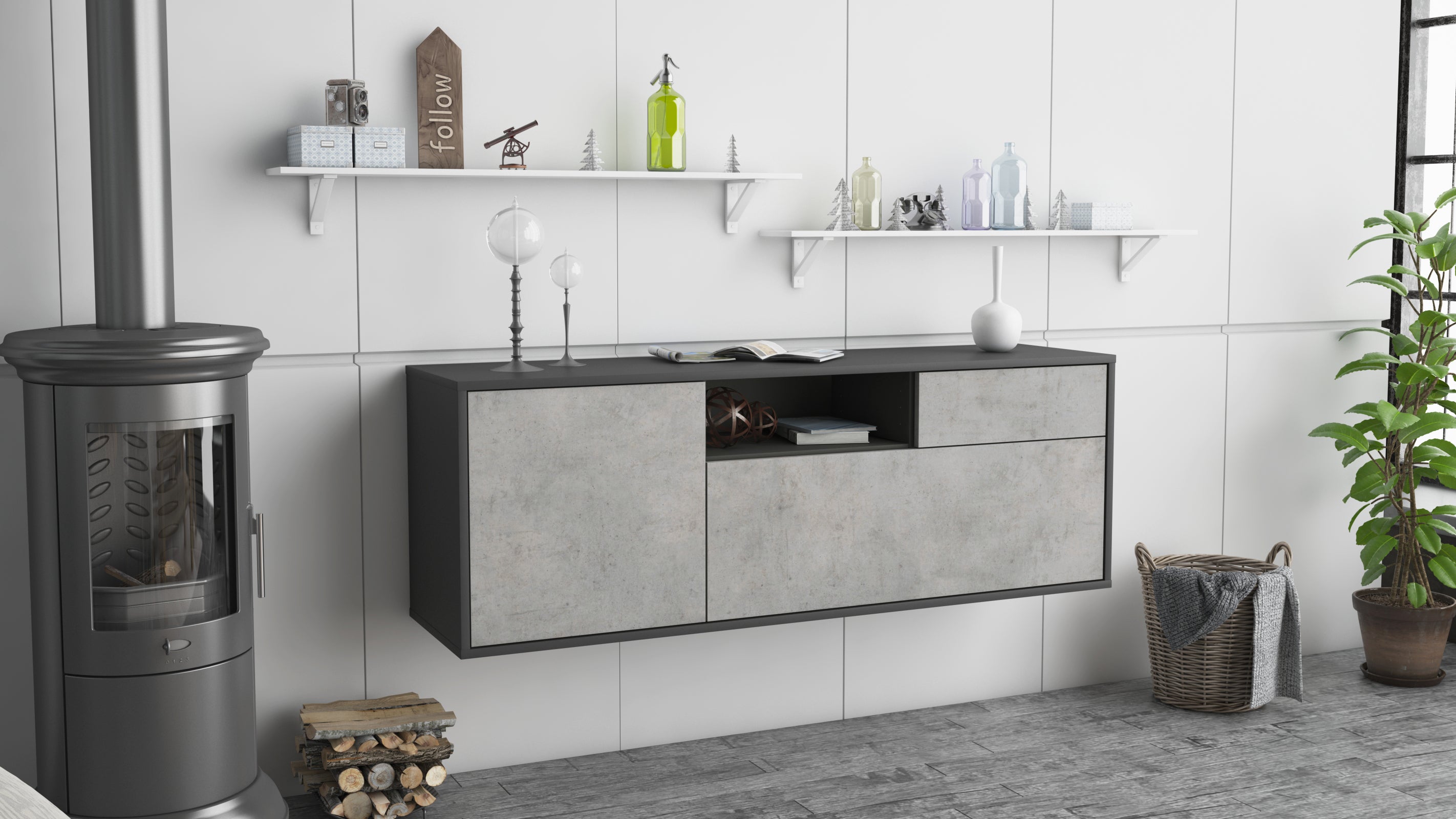 Lowboard - Amila - Design Industrie Stil - Wandmontage mit Push to Open 136 cm Anthrazit