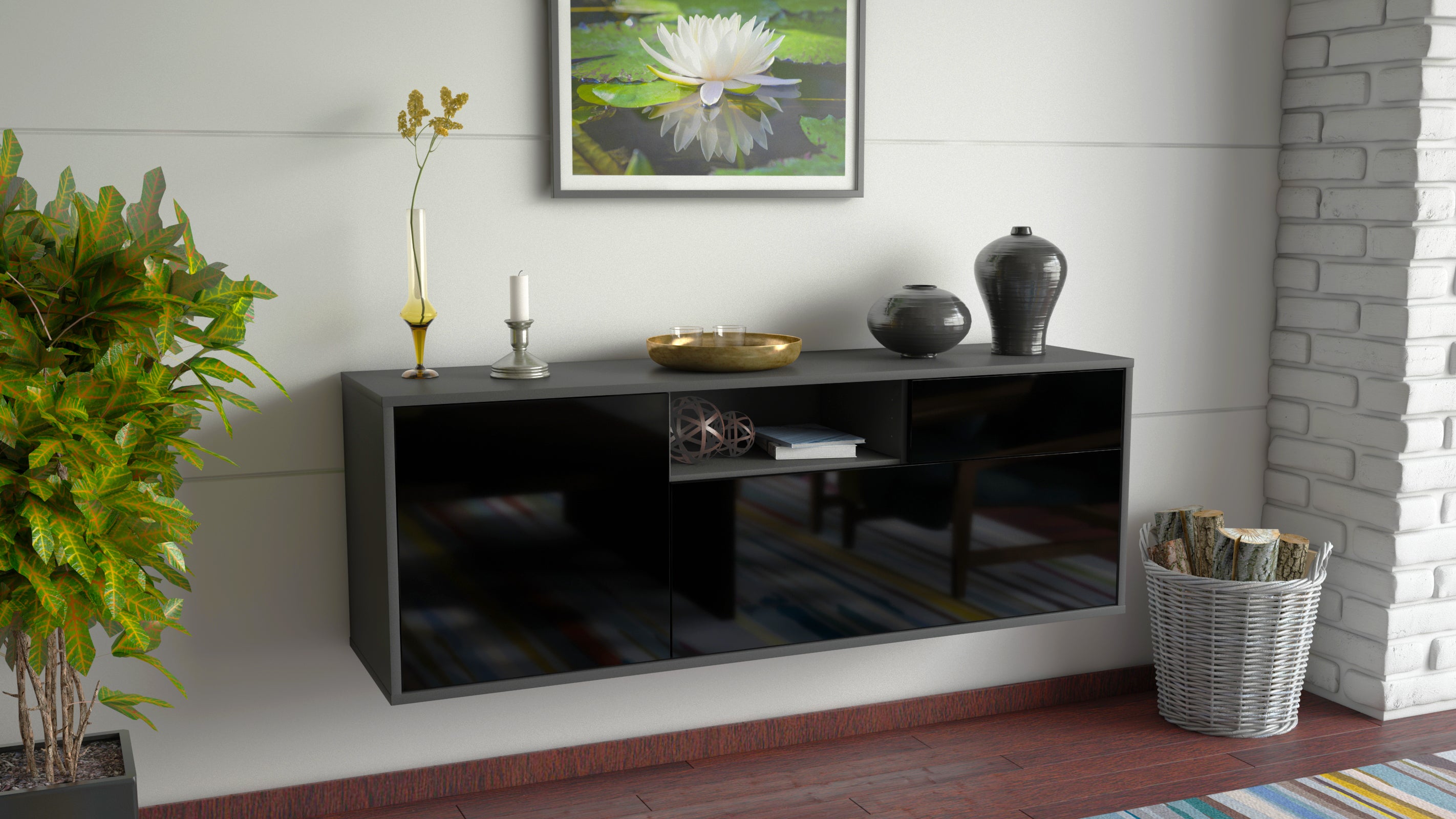 Lowboard - Amila - Design Hochglanz - Wandmontage mit Push to Open 136 cm Anthrazit