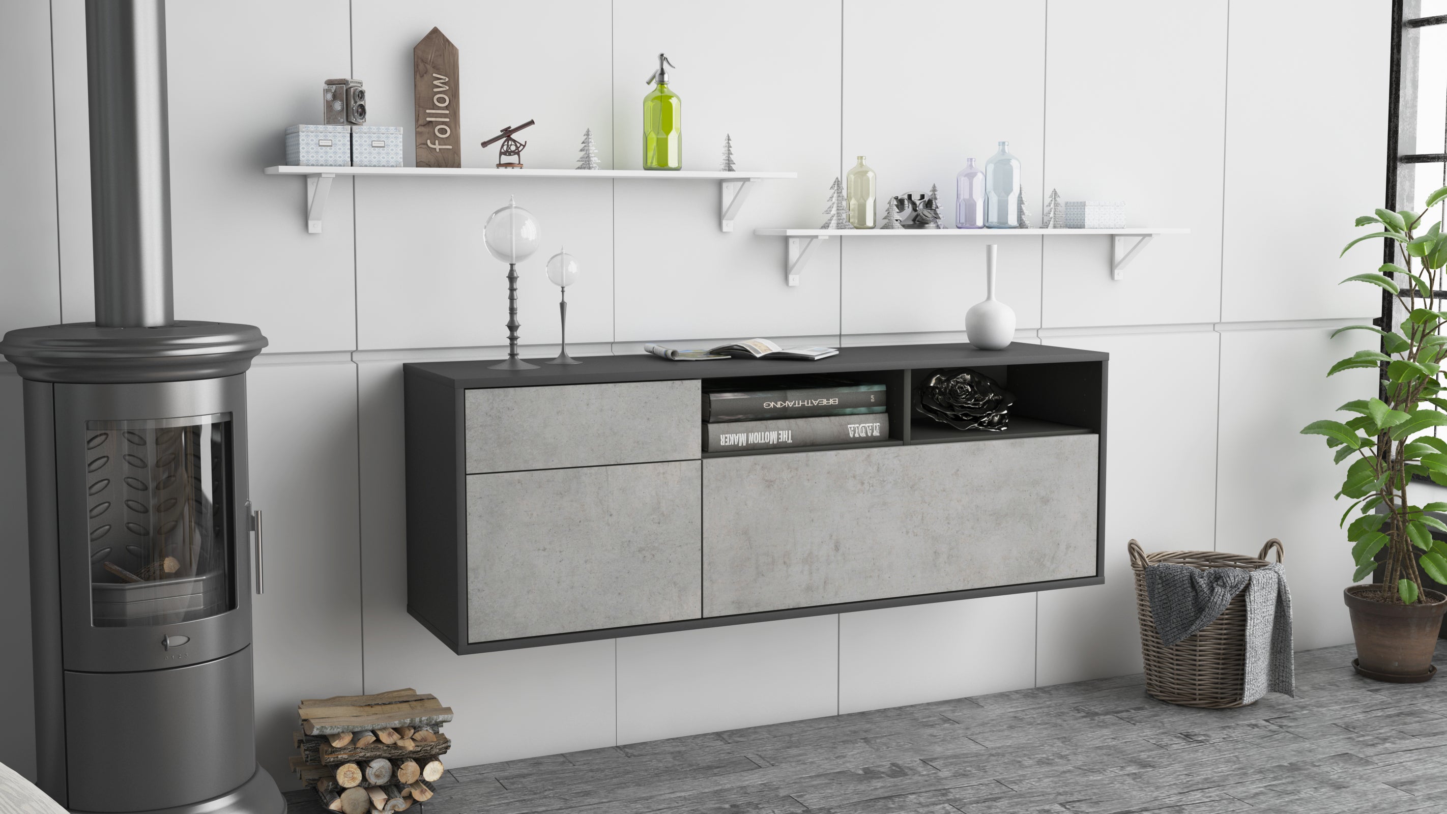 Lowboard - Amisa - Design Industrie Stil - Wandmontage mit Push to Open 136 cm Anthrazit