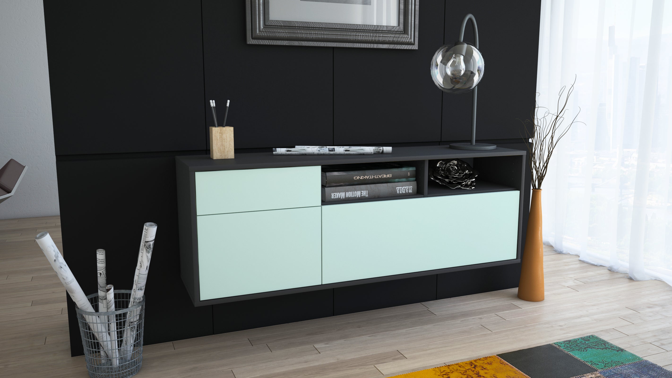 Lowboard - Amisa - Design Farbakzent - Wandmontage mit Push to Open 136 cm Anthrazit