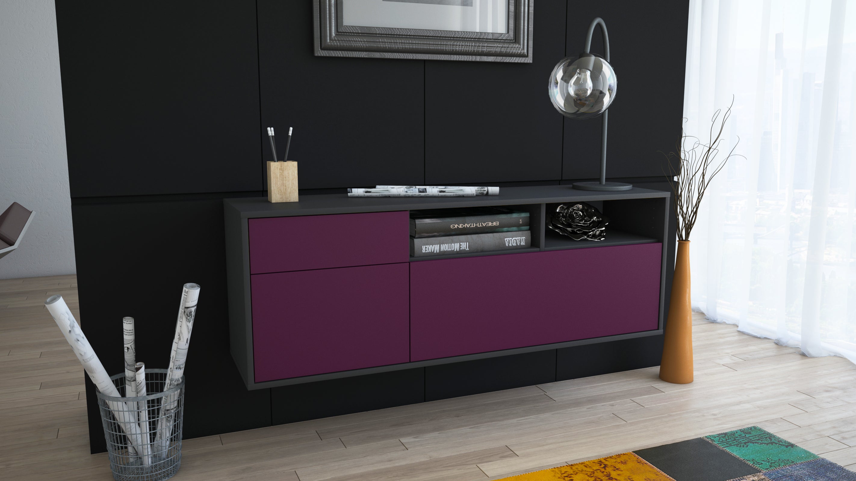 Lowboard - Amisa - Design Farbakzent - Wandmontage mit Push to Open 136 cm Anthrazit