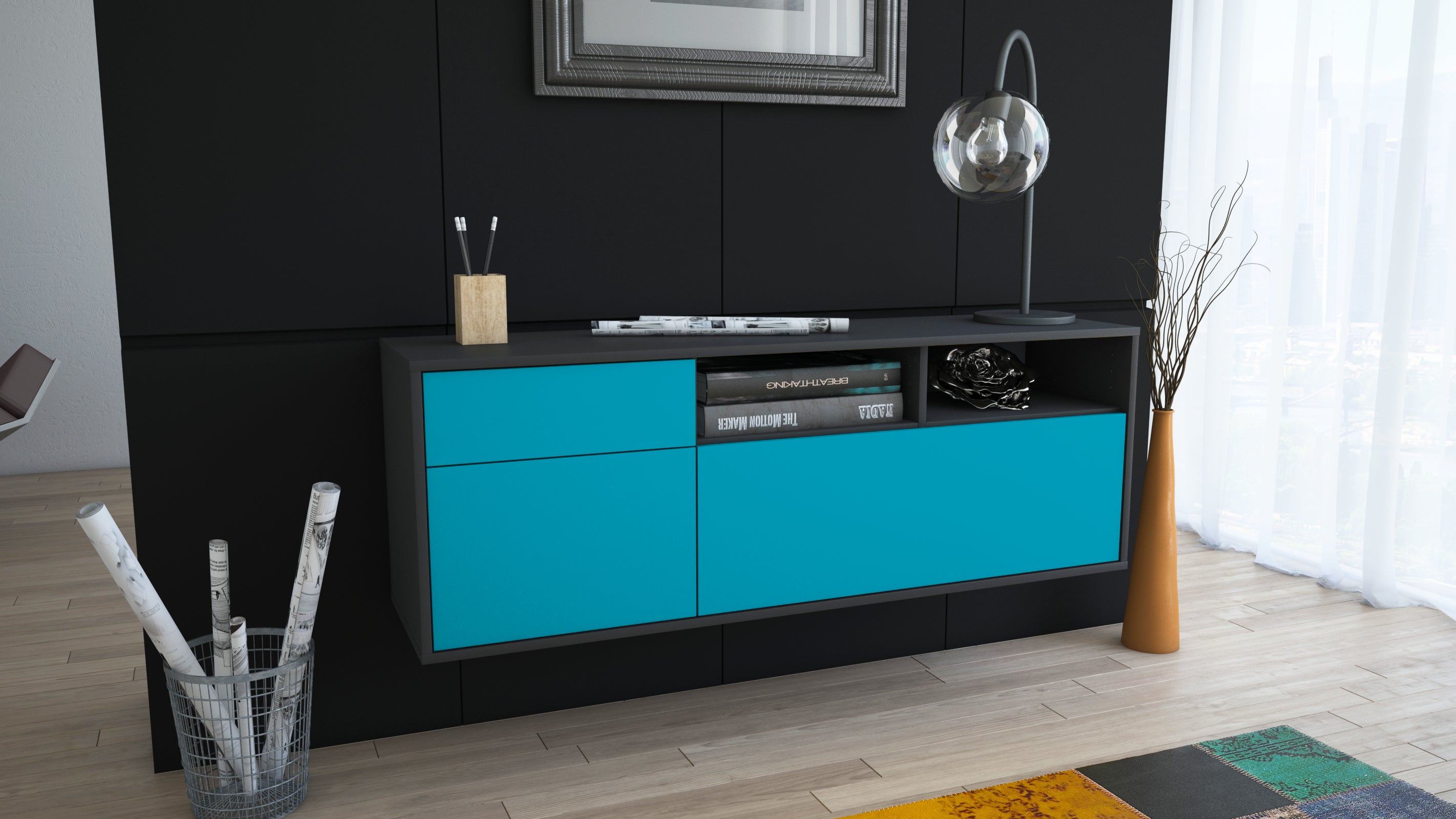 Lowboard - Amisa - Design Farbakzent - Wandmontage mit Push to Open 136 cm Anthrazit