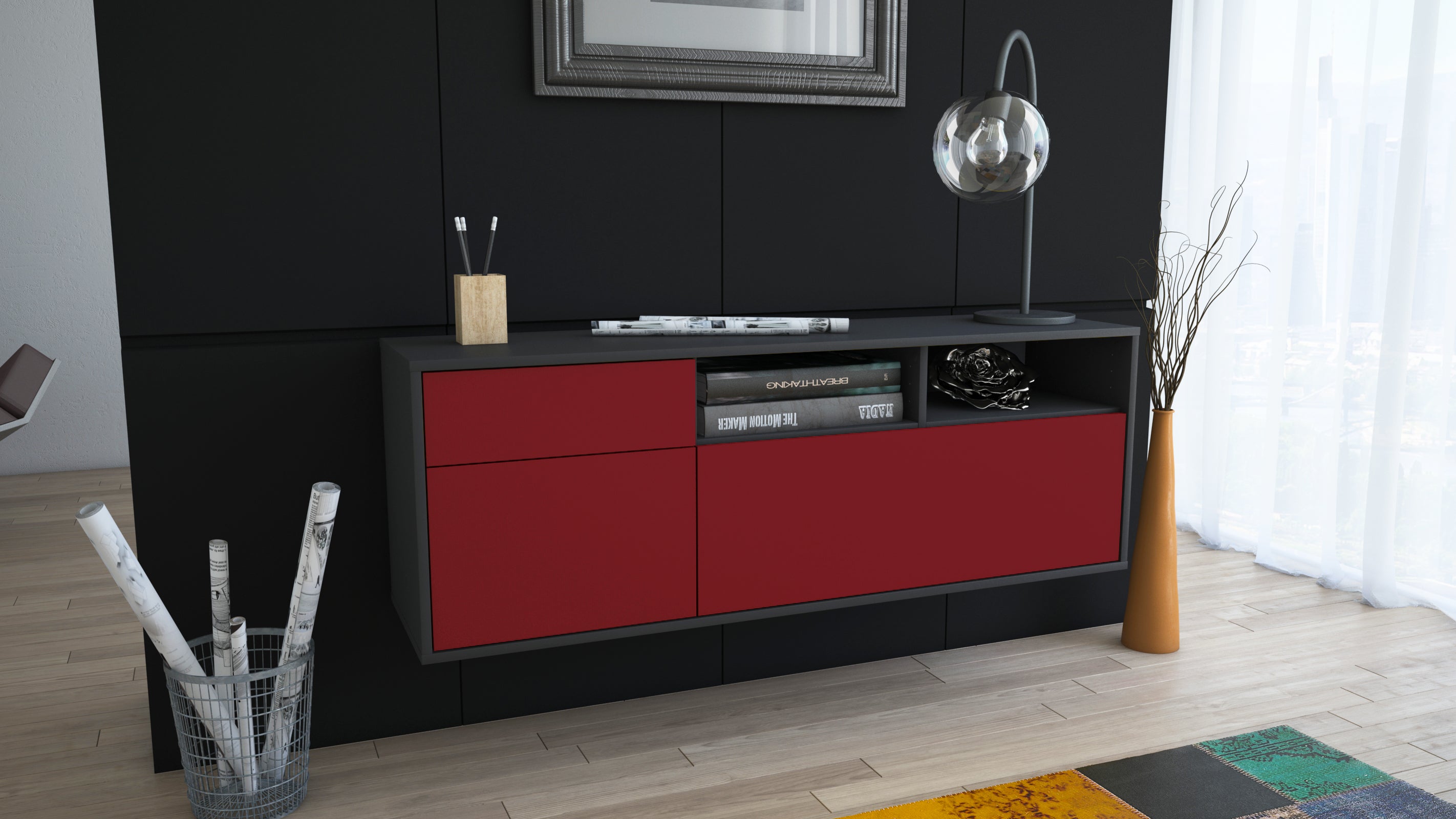Lowboard - Amisa - Design Farbakzent - Wandmontage mit Push to Open 136 cm Anthrazit