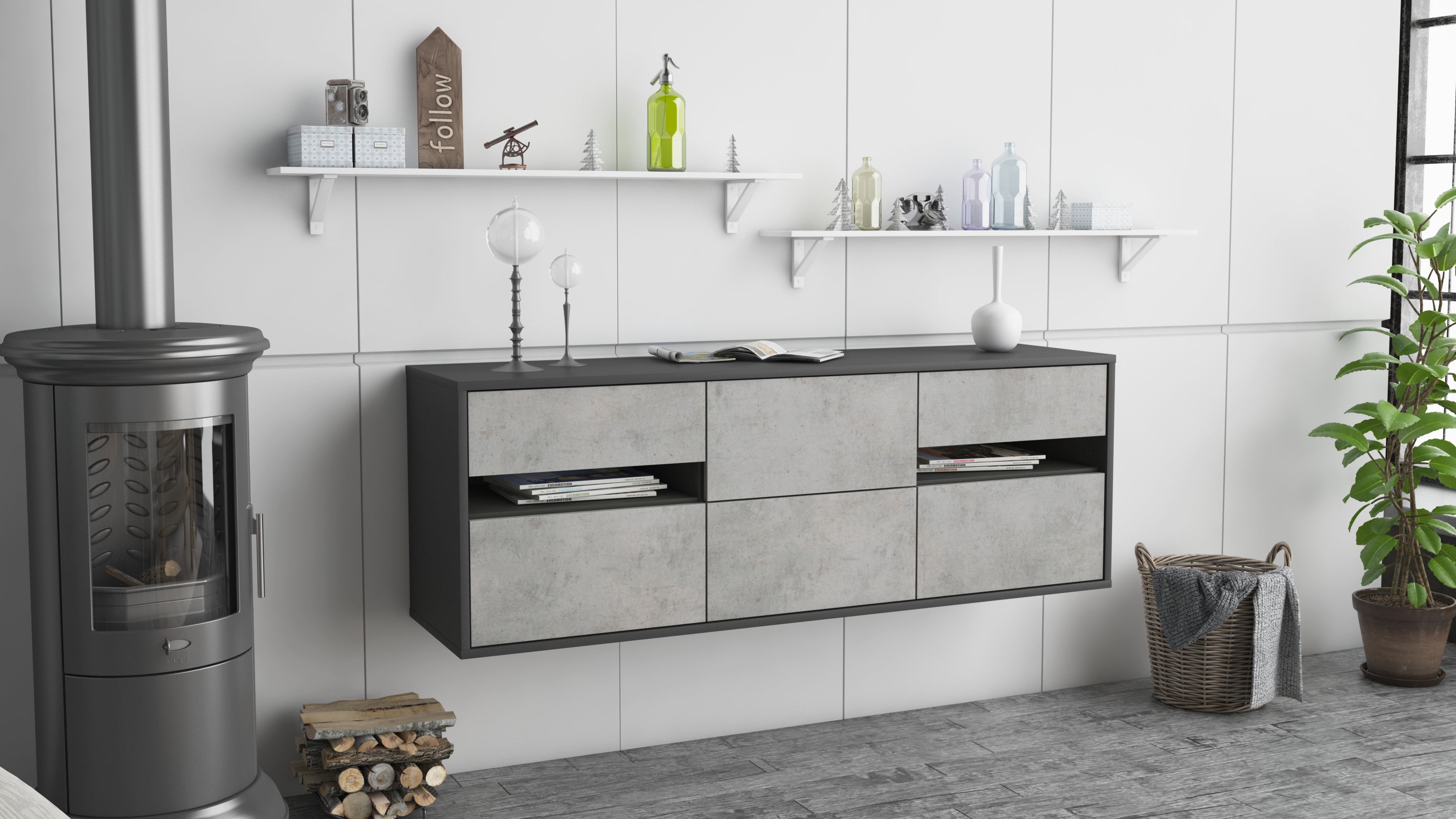 Lowboard - Andreana - Design Industrie Stil - Wandmontage mit Push to Open 136 cm Anthrazit