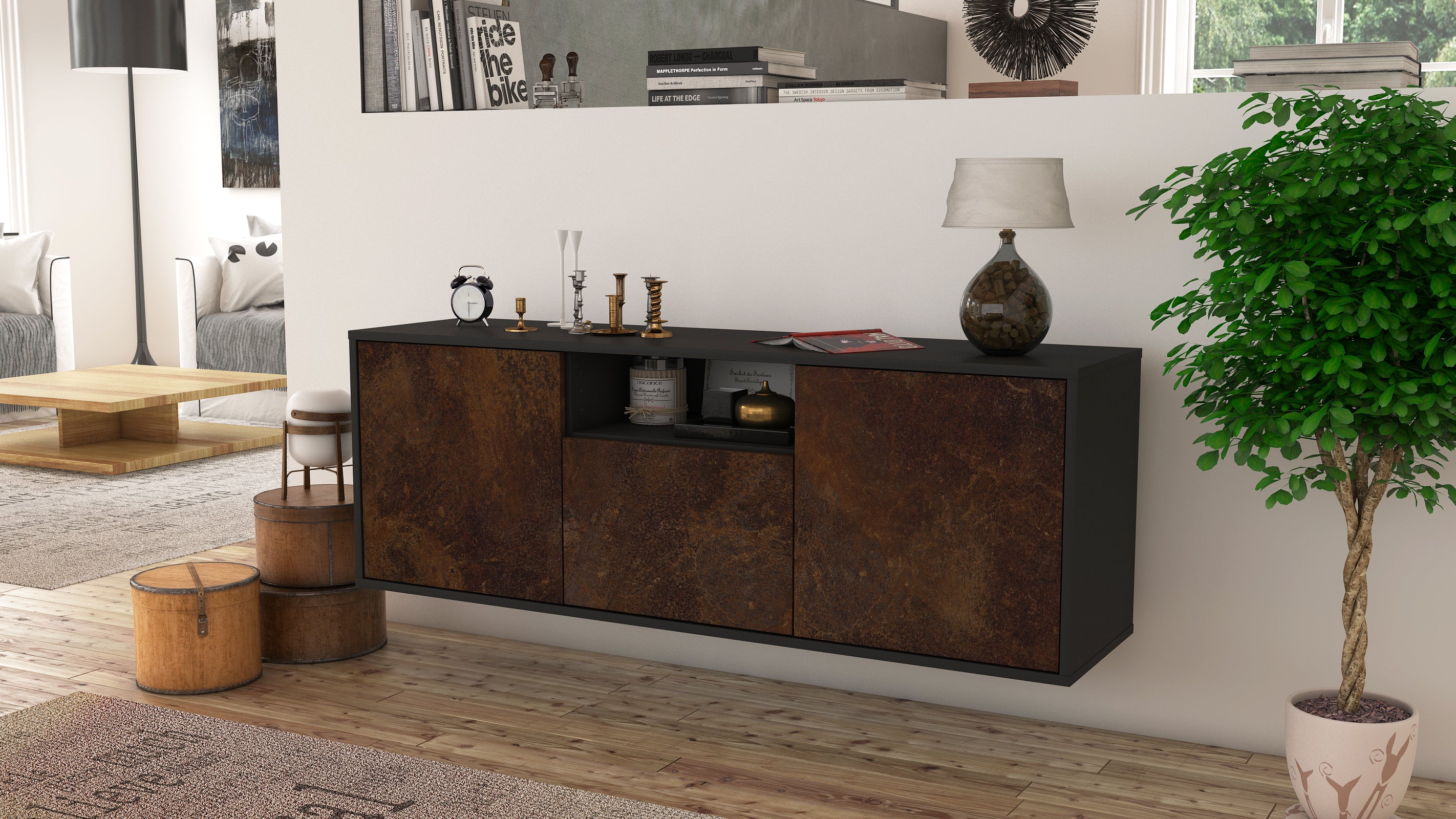 Lowboard - Andrina - Design Industrie Stil - Wandmontage mit Push to Open 136 cm Anthrazit