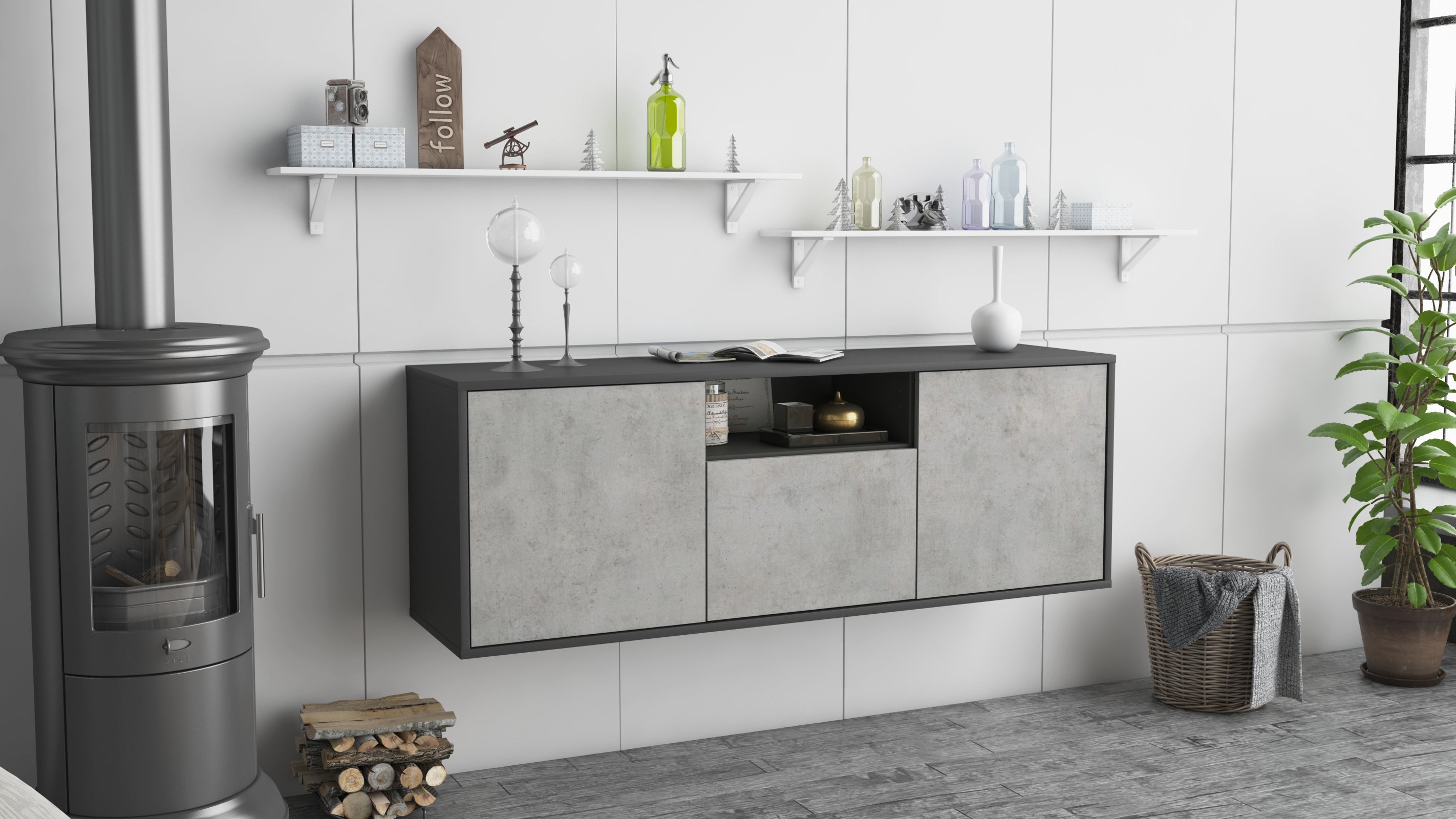 Lowboard - Andrina - Design Industrie Stil - Wandmontage mit Push to Open 136 cm Anthrazit