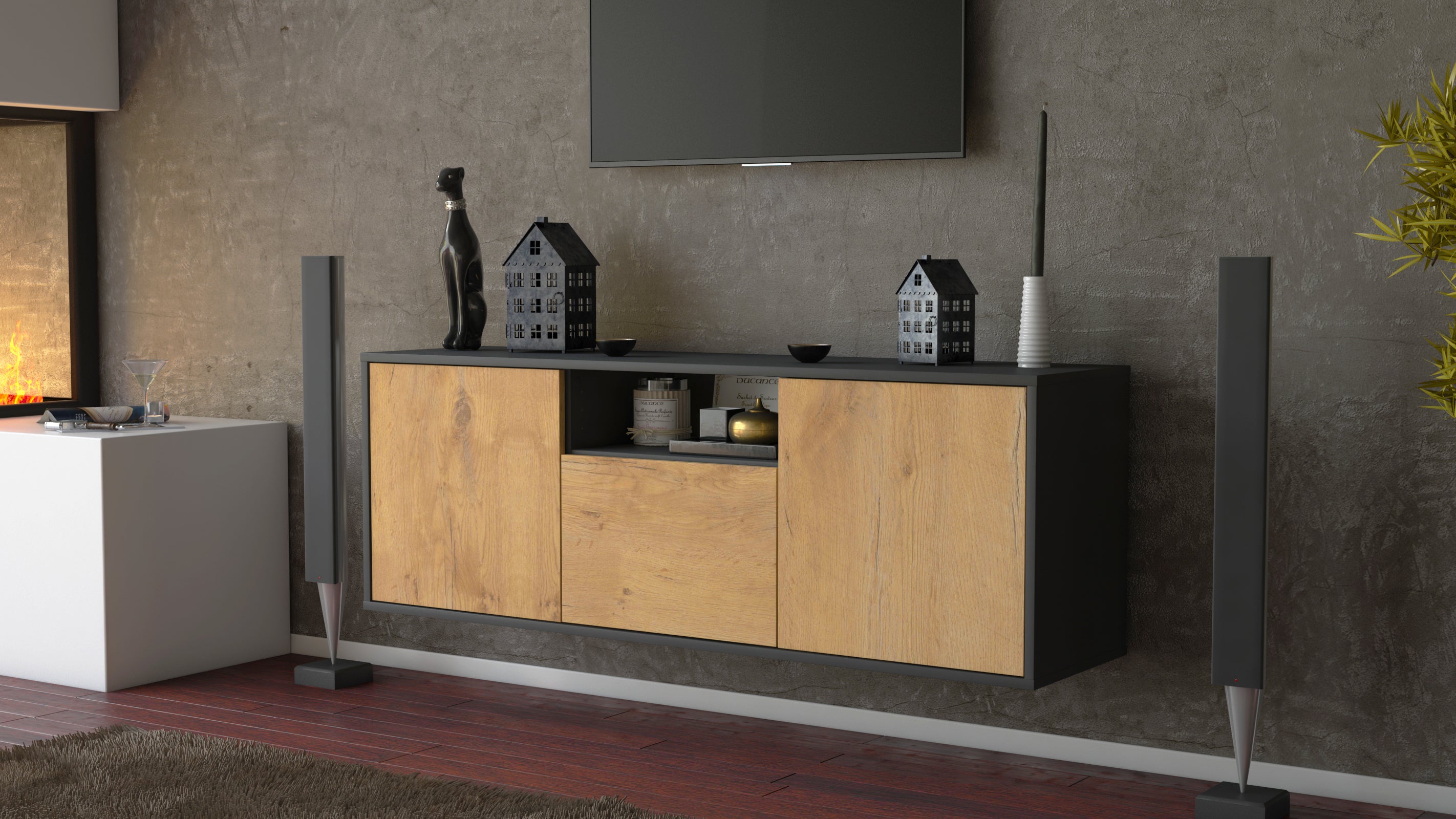 Lowboard - Andrina - Design Holzdekor - Wandmontage mit Push to Open 136 cm Anthrazit
