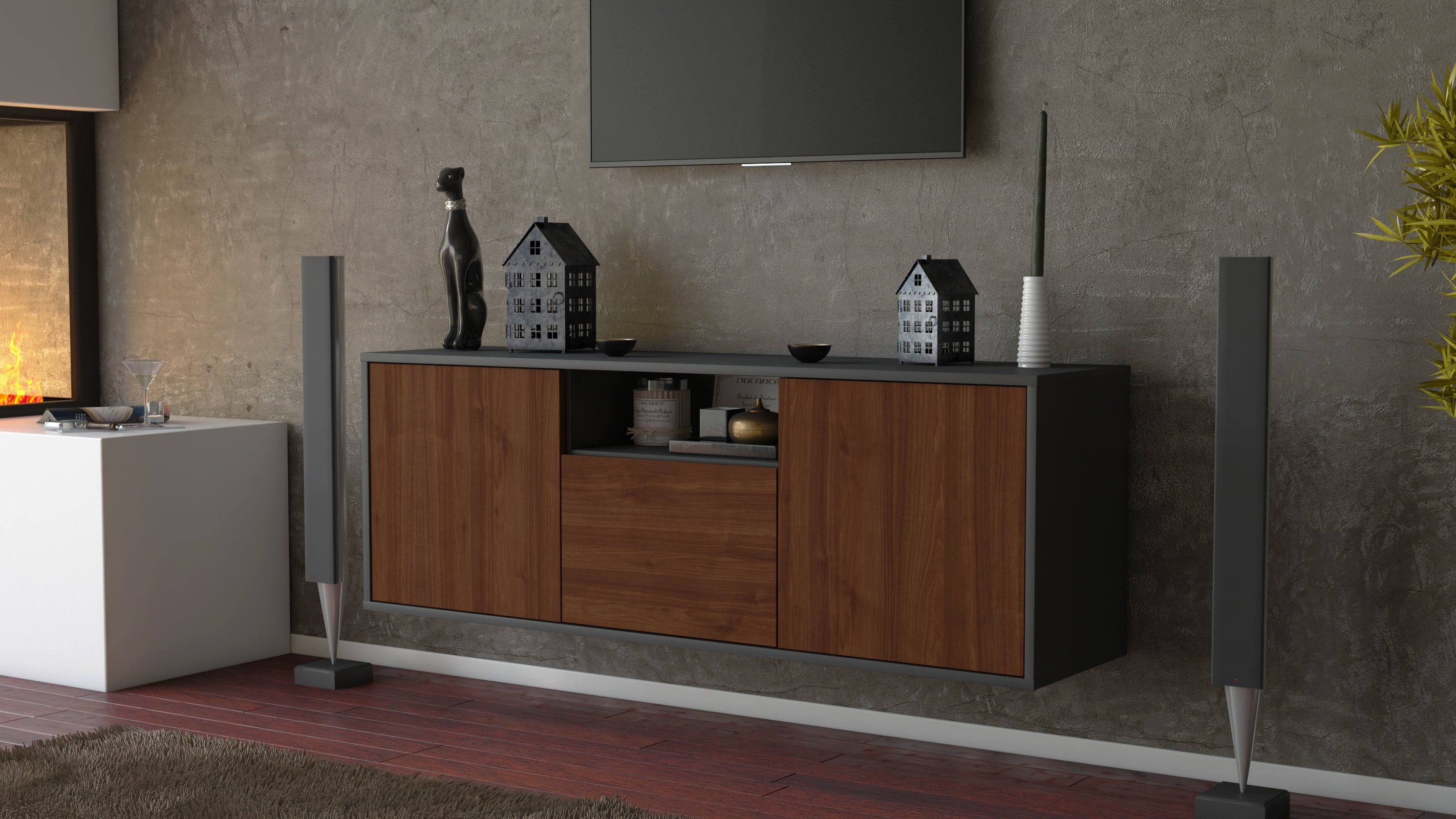 Lowboard - Andrina - Design Holzdekor - Wandmontage mit Push to Open 136 cm Anthrazit