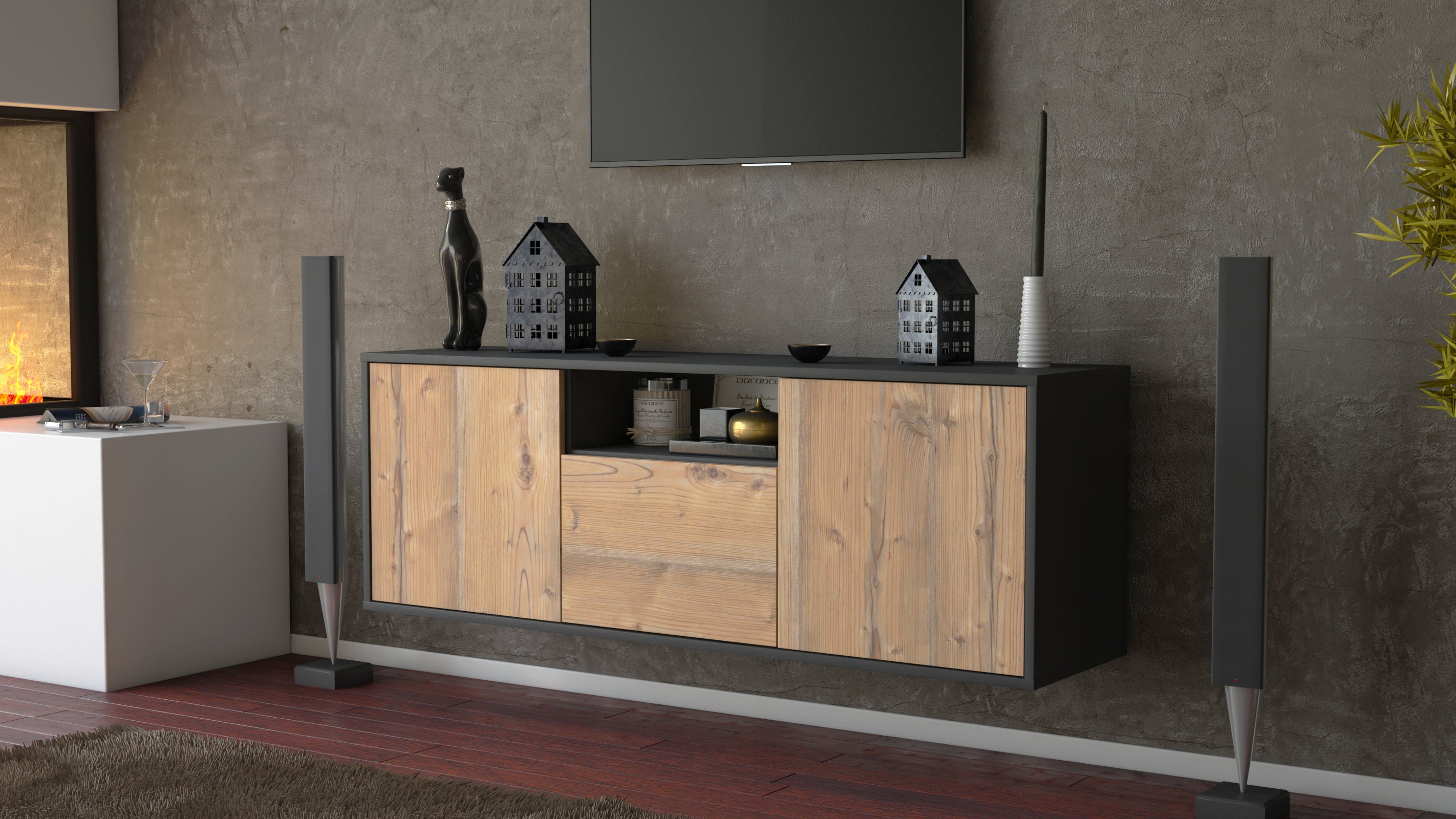 Lowboard - Andrina - Design Holzdekor - Wandmontage mit Push to Open 136 cm Anthrazit