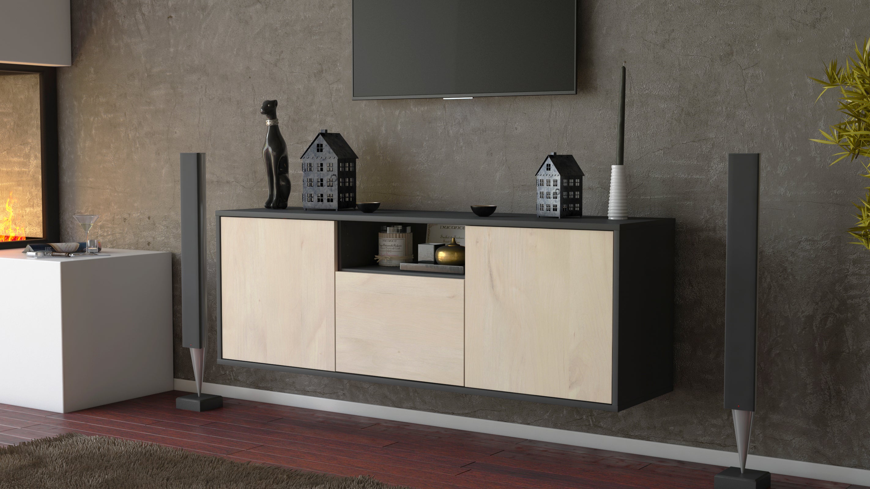 Lowboard - Andrina - Design Holzdekor - Wandmontage mit Push to Open 136 cm Anthrazit