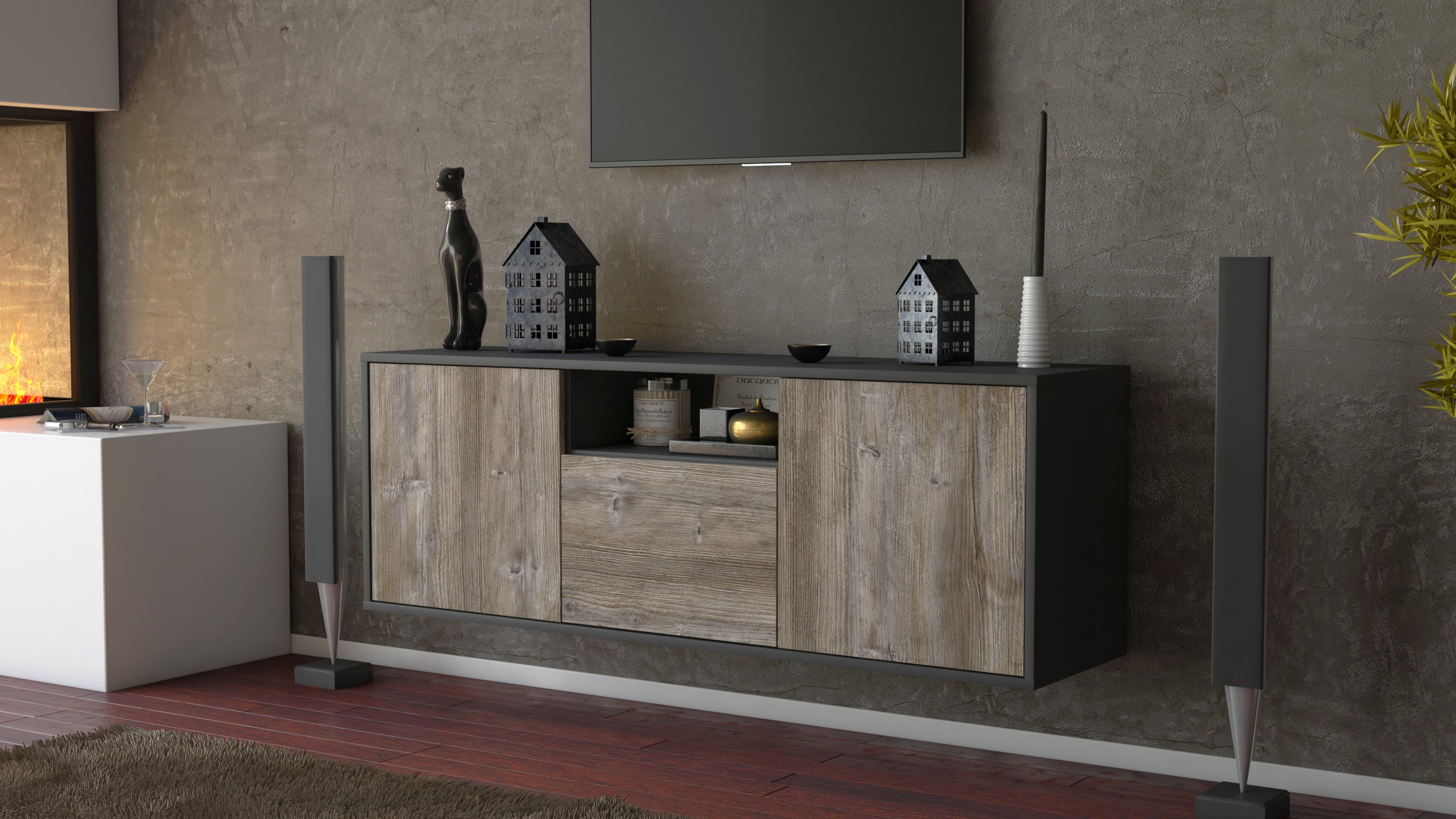 Lowboard - Andrina - Design Holzdekor - Wandmontage mit Push to Open 136 cm Anthrazit