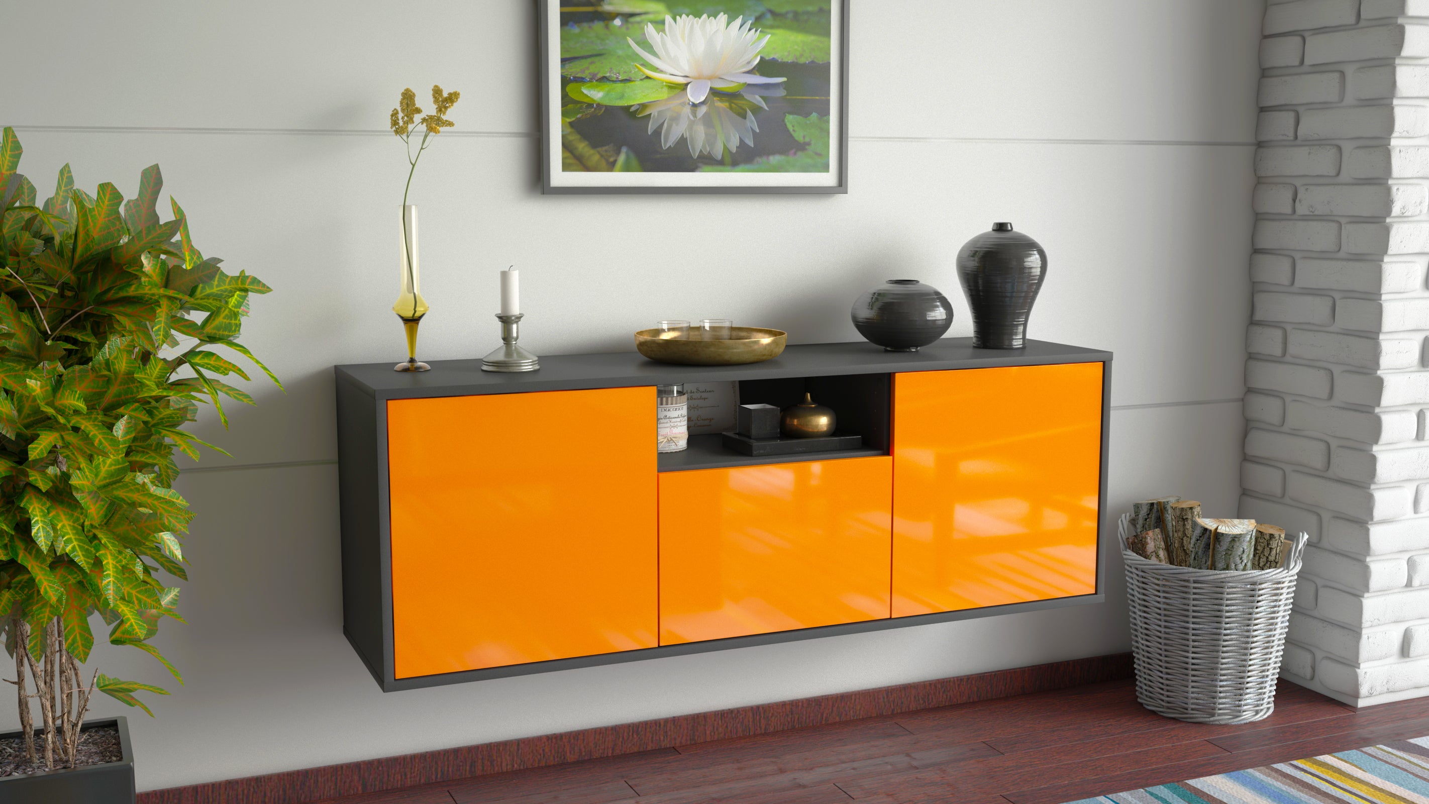 Lowboard - Andrina - Design Hochglanz - Wandmontage mit Push to Open 136 cm Anthrazit