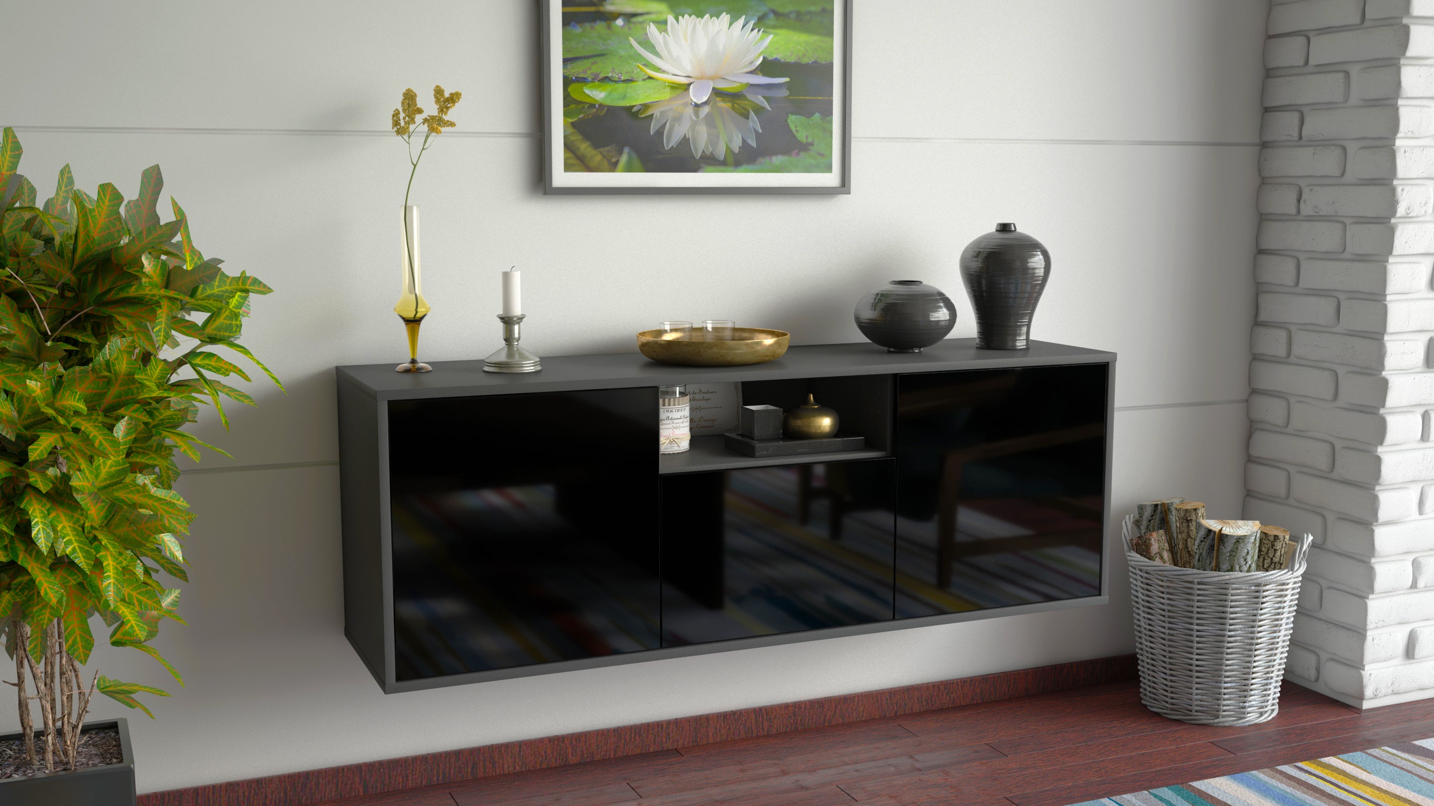 Lowboard - Andrina - Design Hochglanz - Wandmontage mit Push to Open 136 cm Anthrazit