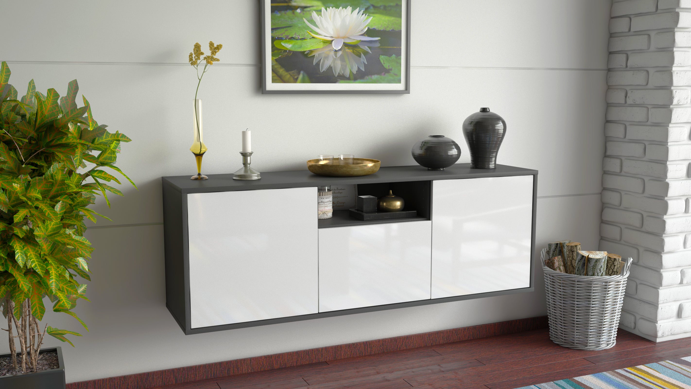 Lowboard - Andrina - Design Hochglanz - Wandmontage mit Push to Open 136 cm Anthrazit