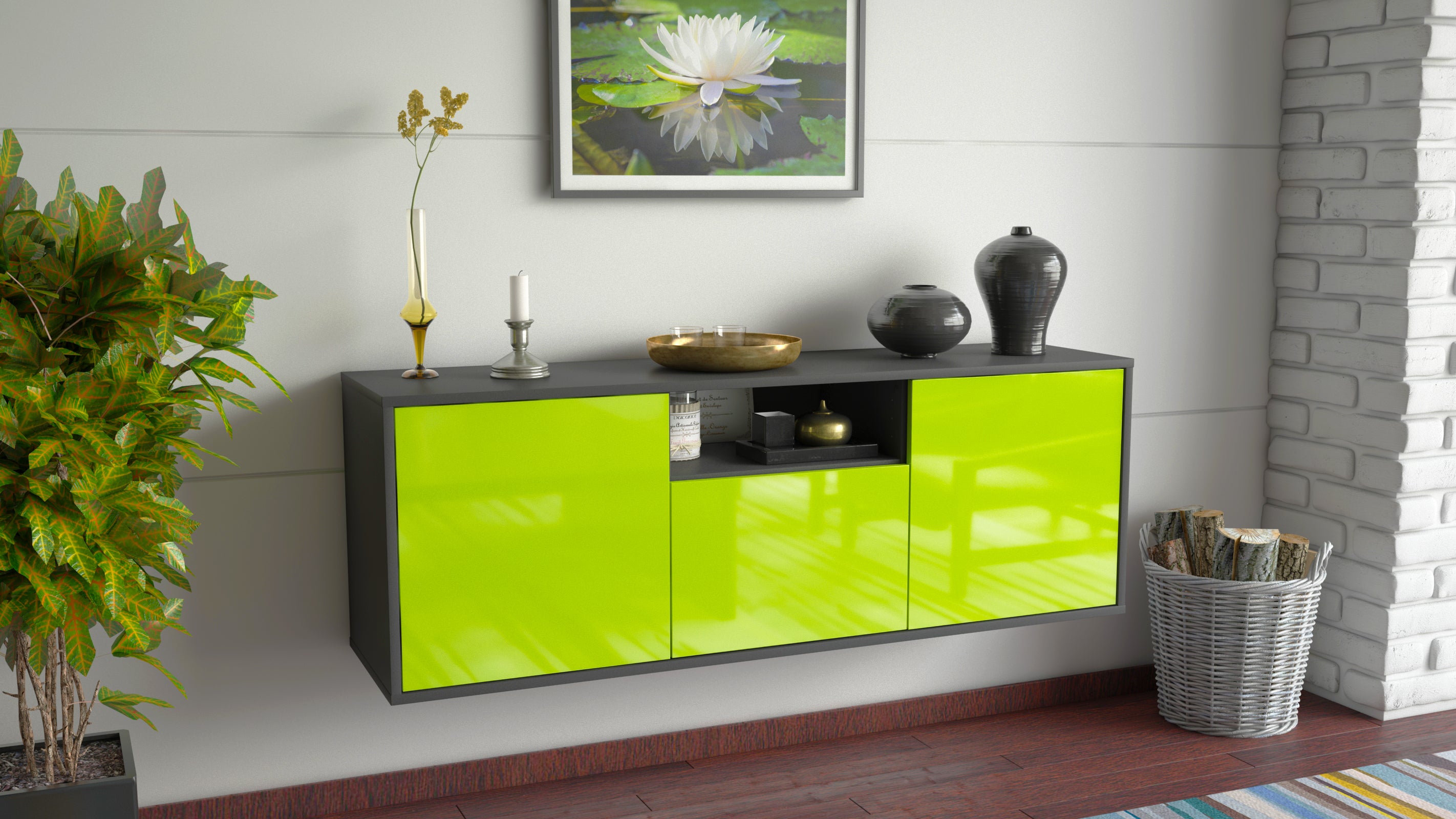 Lowboard - Andrina - Design Hochglanz - Wandmontage mit Push to Open 136 cm Anthrazit