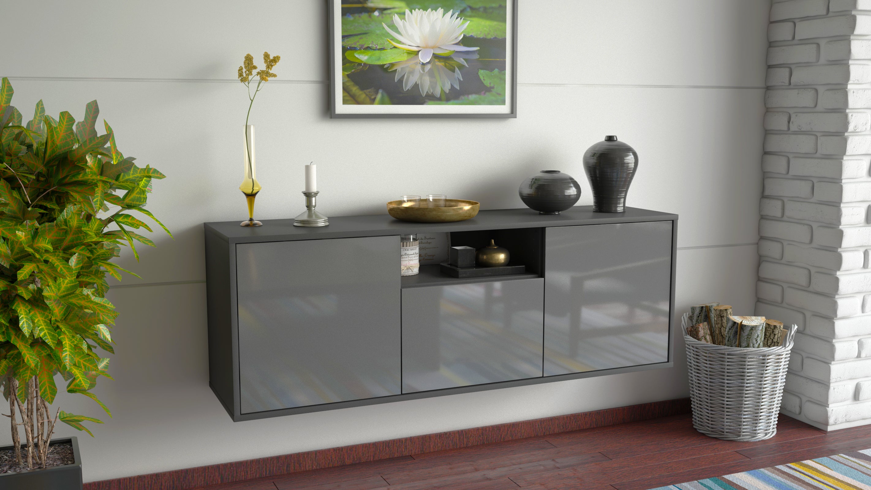Lowboard - Andrina - Design Hochglanz - Wandmontage mit Push to Open 136 cm Anthrazit