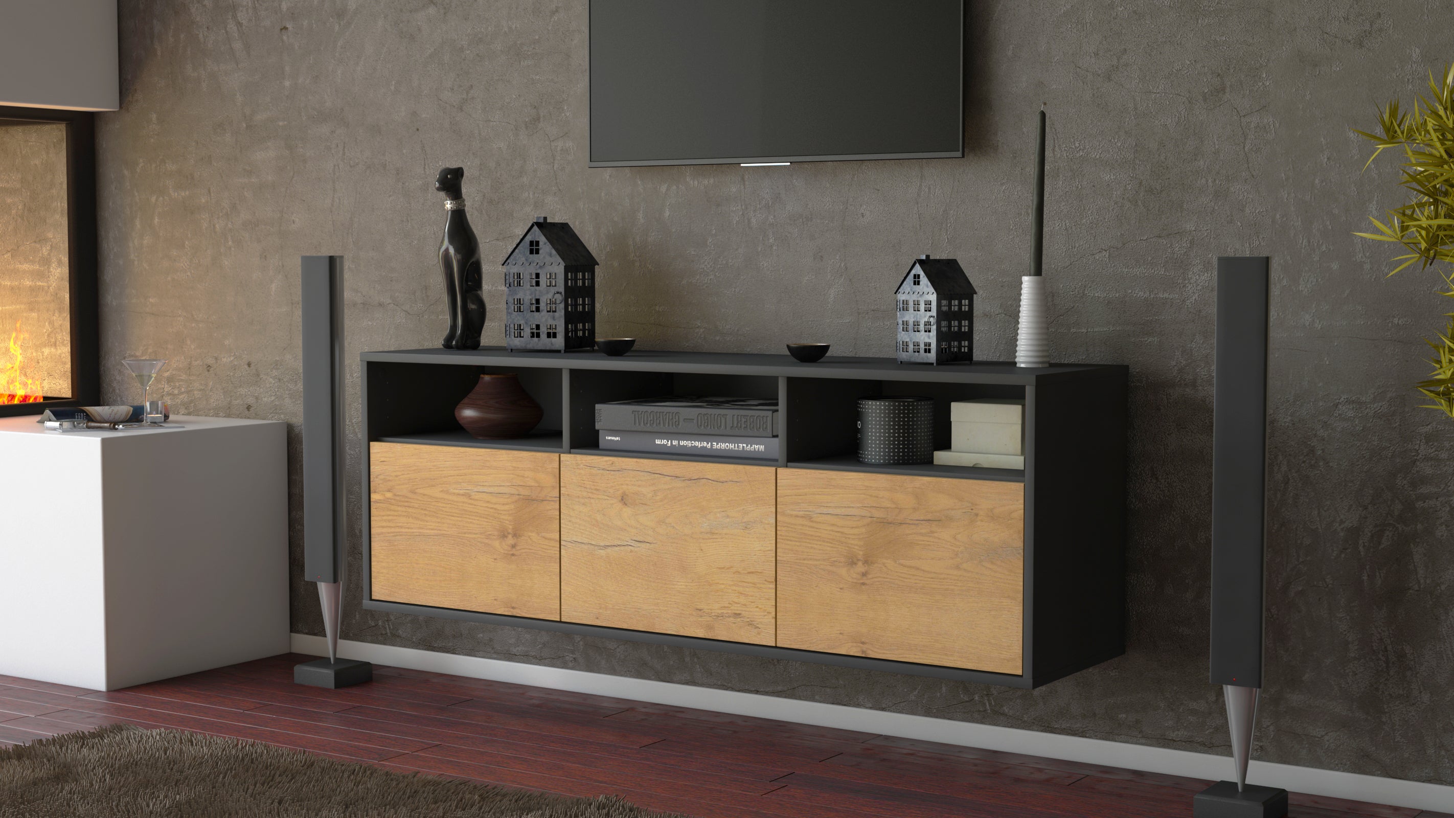 Lowboard - Anella - Design Holzdekor - Wandmontage mit Push to Open 136 cm Anthrazit