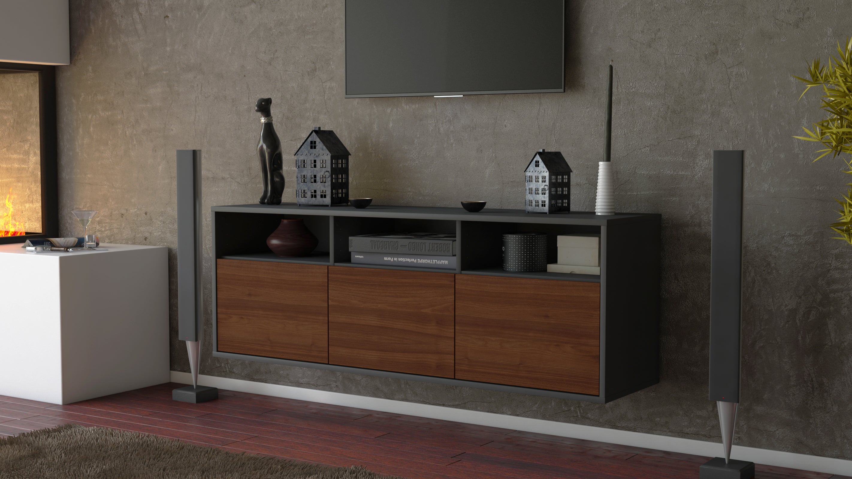 Lowboard - Anella - Design Holzdekor - Wandmontage mit Push to Open 136 cm Anthrazit