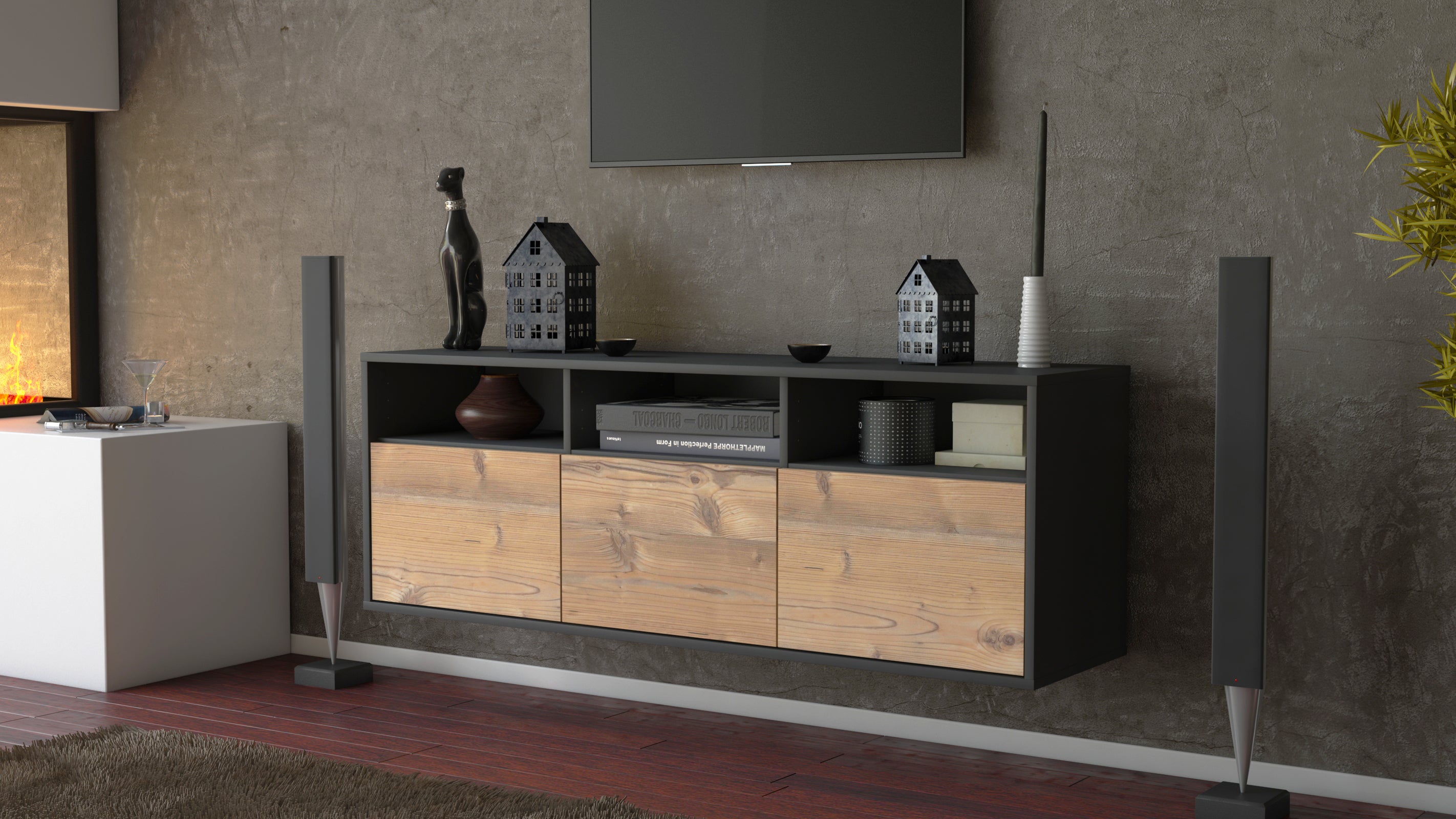 Lowboard - Anella - Design Holzdekor - Wandmontage mit Push to Open 136 cm Anthrazit