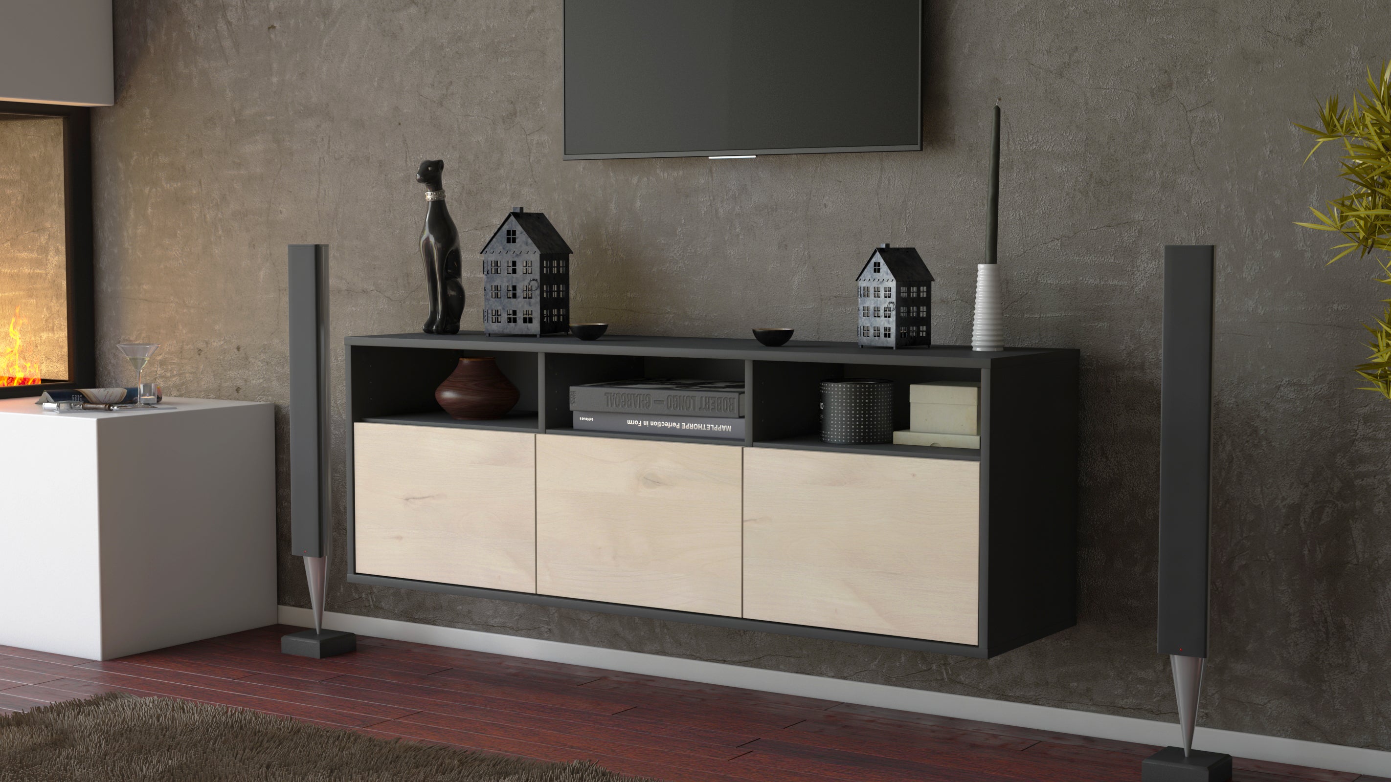 Lowboard - Anella - Design Holzdekor - Wandmontage mit Push to Open 136 cm Anthrazit