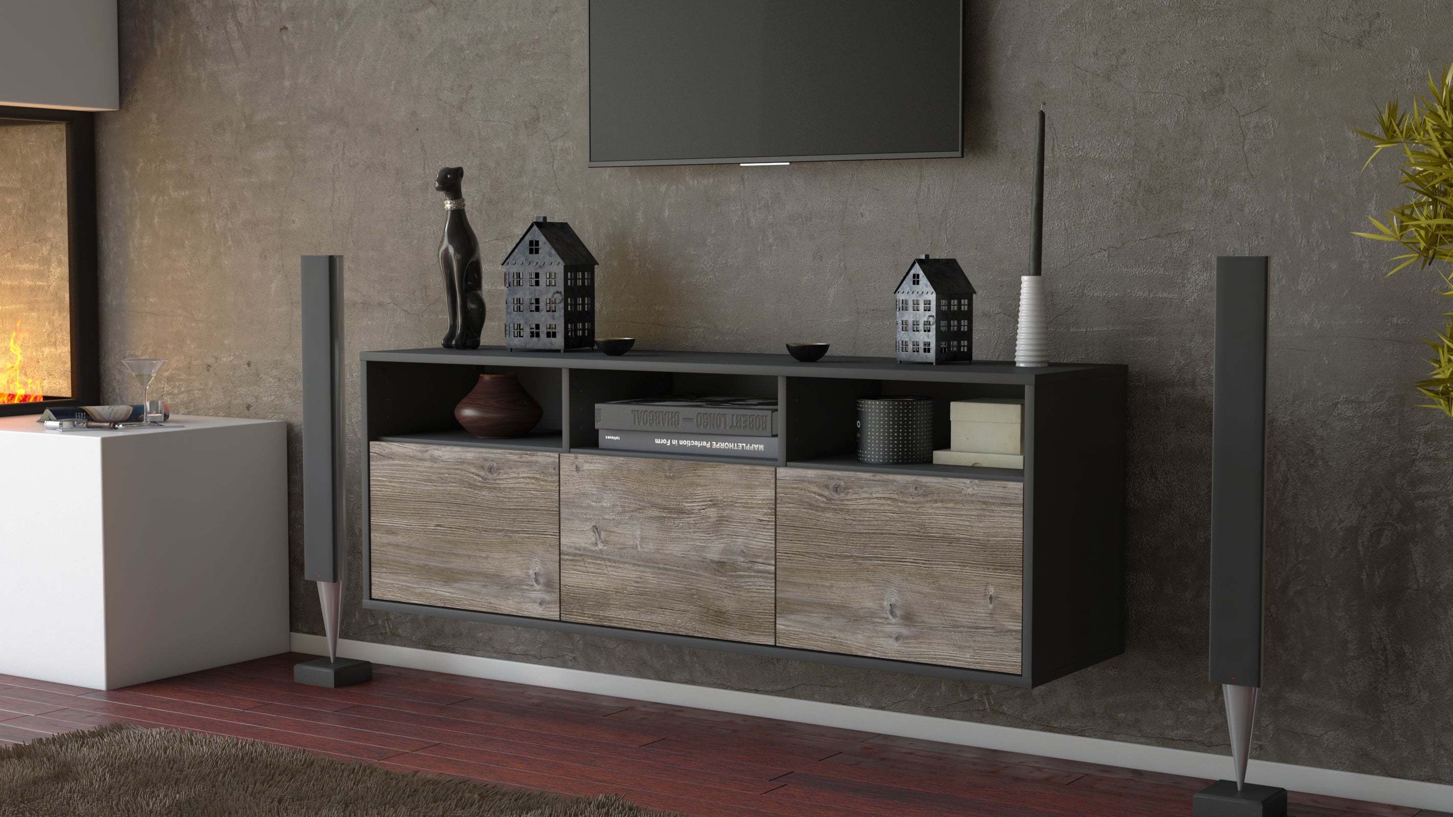 Lowboard - Anella - Design Holzdekor - Wandmontage mit Push to Open 136 cm Anthrazit