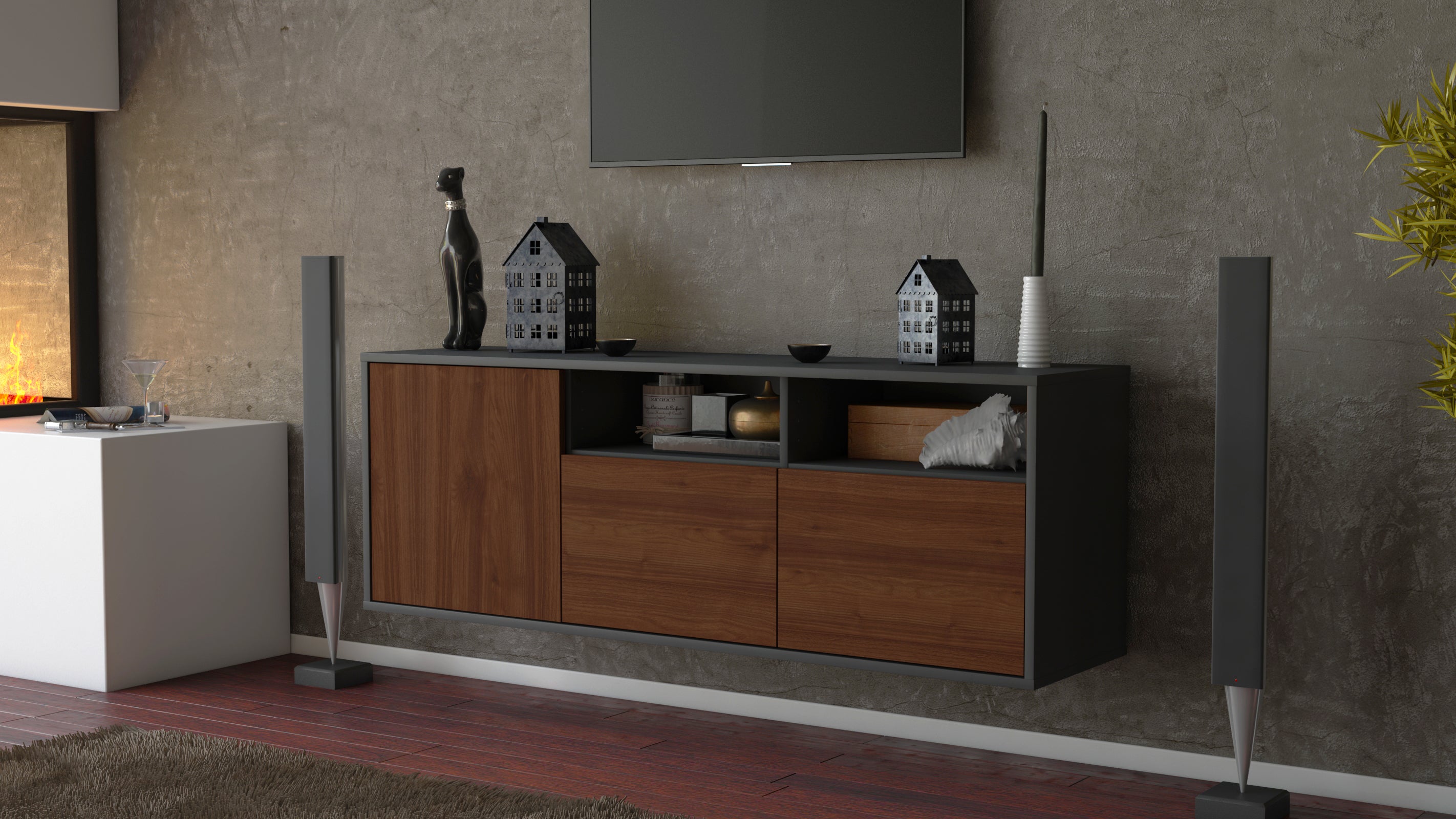 Lowboard - Anina - Design Holzdekor - Wandmontage mit Push to Open 136 cm Anthrazit