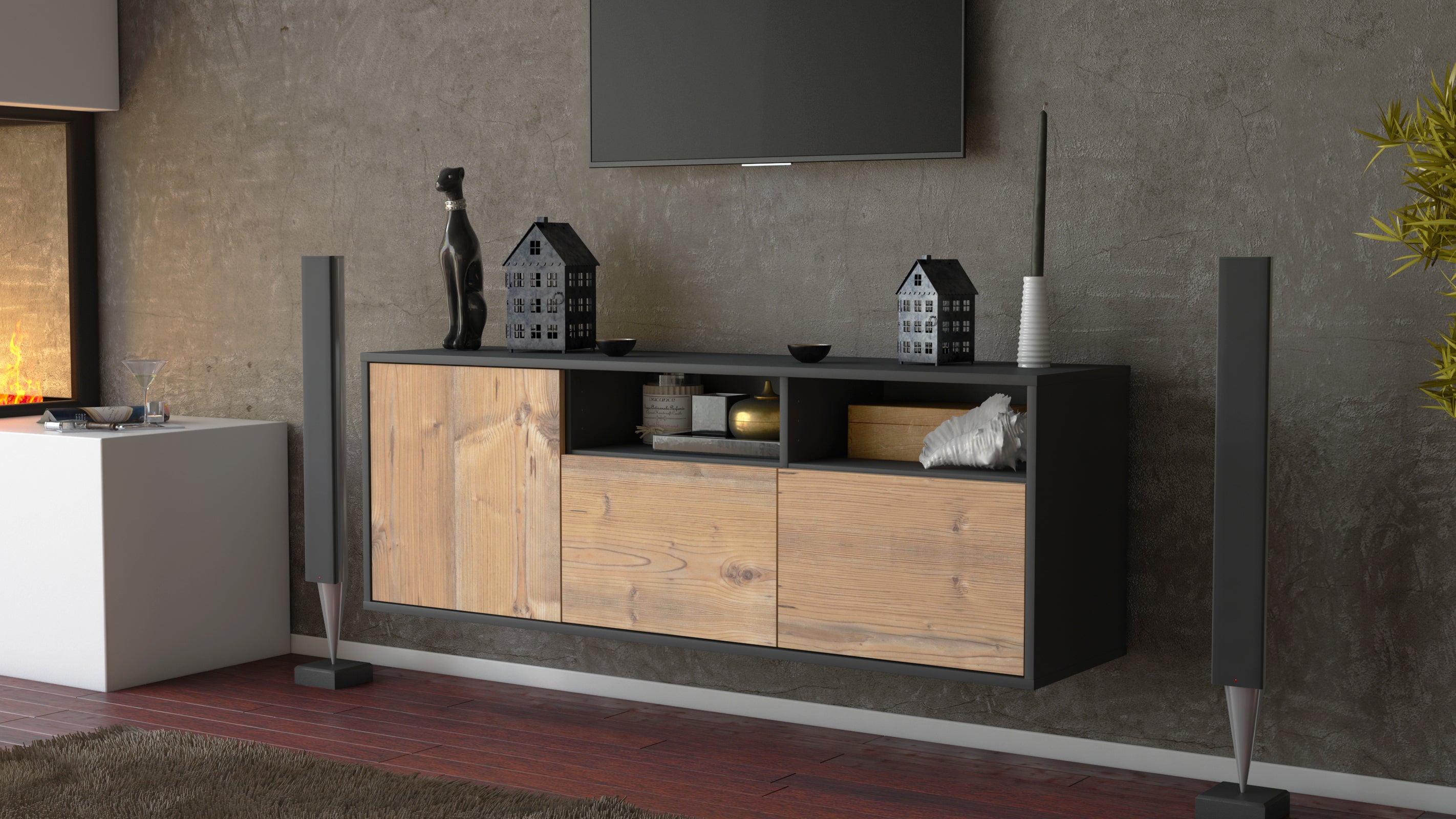 Lowboard - Anina - Design Holzdekor - Wandmontage mit Push to Open 136 cm Anthrazit